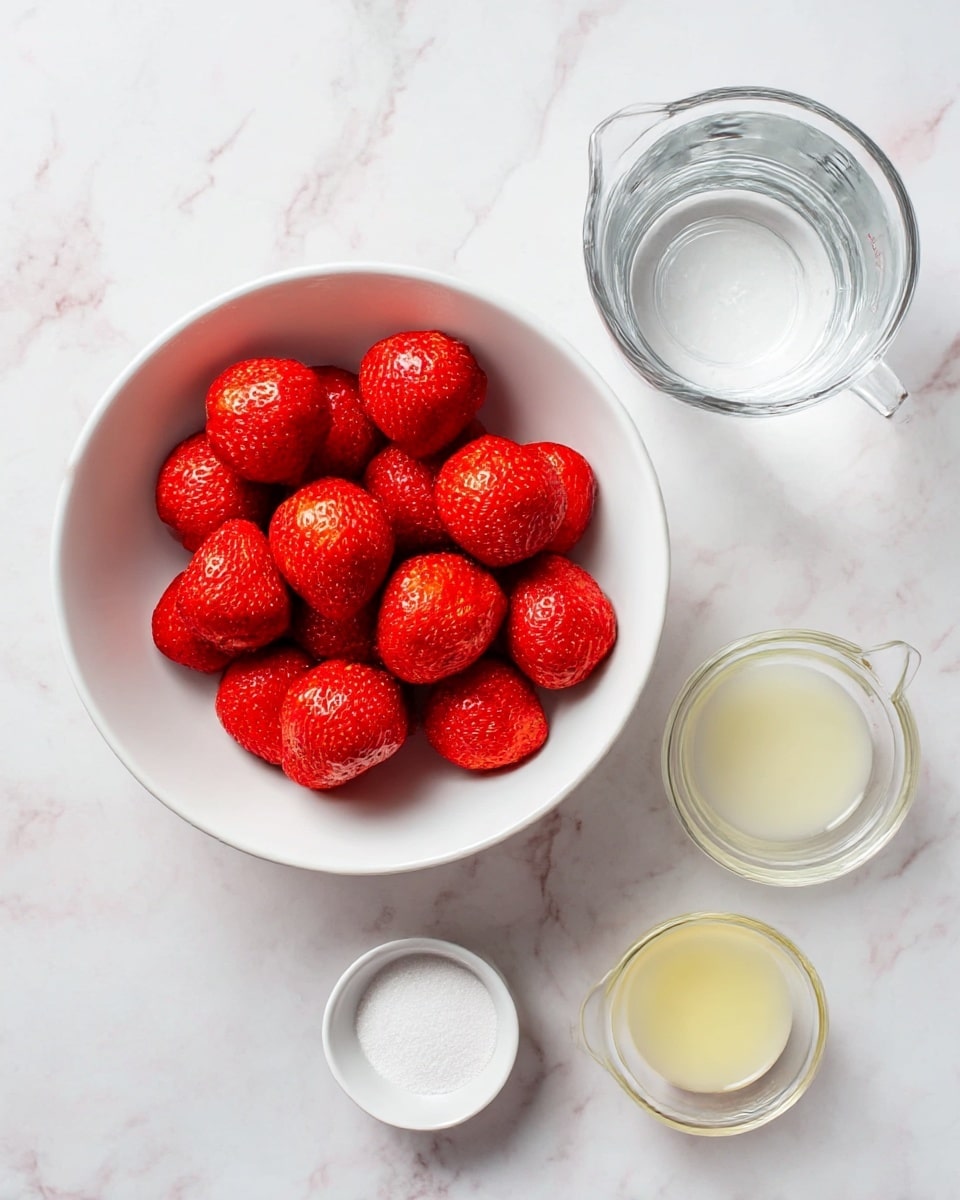 A white round bowl filled with about fifteen bright red strawberries with smooth textures and some small seeds visible, placed on the left side on a white marbled surface. To the right of the bowl, there are four small containers arranged loosely in a slight circle: a clear glass measuring cup with water at top right, a small white bowl with white sugar at bottom left, a very small white cup with clear liquid in the center, and a small clear glass measuring cup with pale yellow lemon juice at bottom right. The lighting is even and soft, enhancing the natural colors and textures of the ingredients photo taken with an iphone --ar 4:5 --v 7