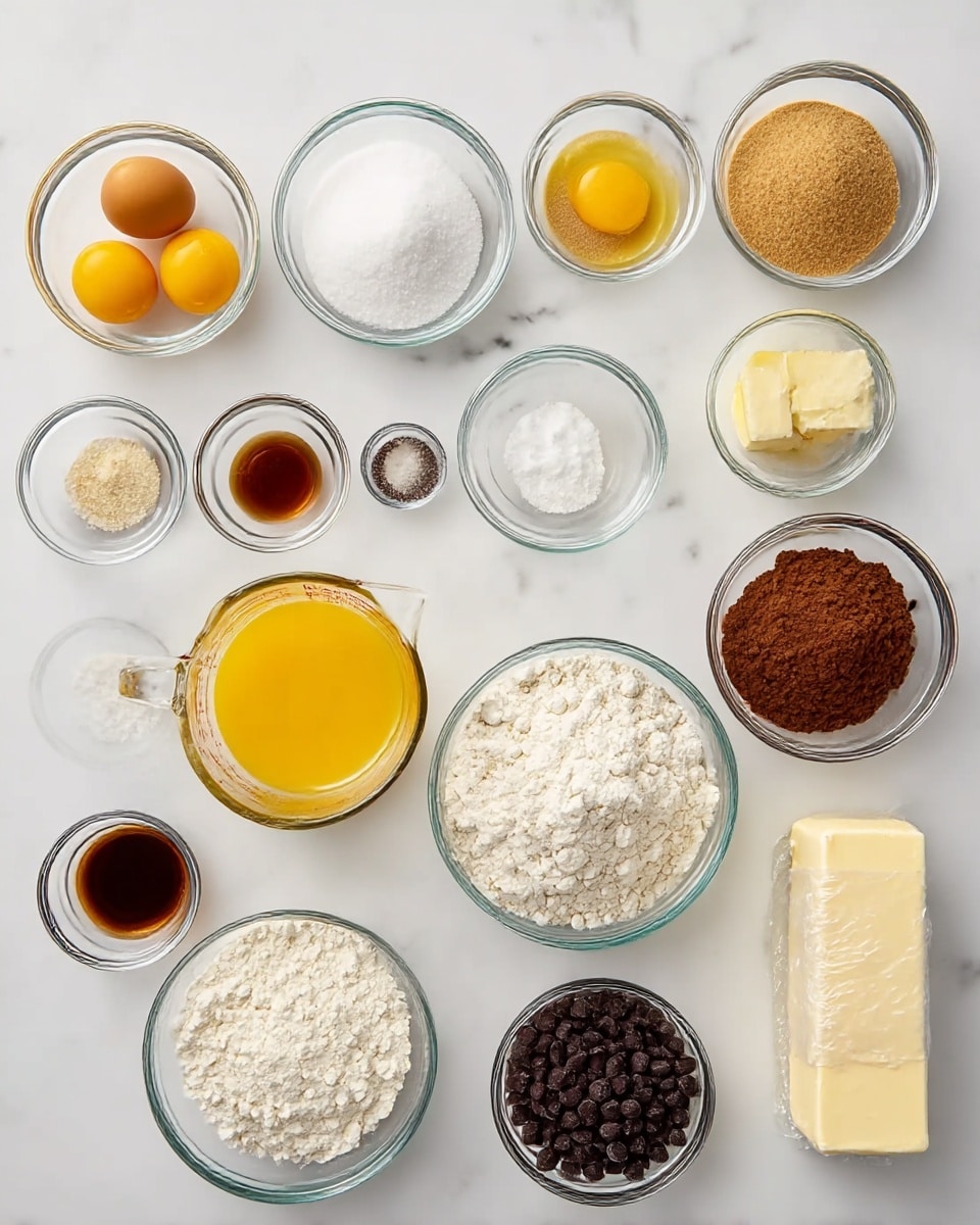 The image shows a white marbled surface with sixteen small transparent glass bowls and one glass measuring cup, each filled with different baking ingredients. Starting from the top left corner, there is a bowl with two yellow egg yolks, next to it a bowl of white granulated sugar, and another bowl with light brown sugar. Next to those is a small bowl with one yellow egg yolk, followed by tiny bowls with salt and baking soda. Below, there is a glass measuring cup filled with melted yellow butter, a very small bowl with baking powder, a bowl with brown cocoa powder, and a large bowl of white flour. Below them are a bowl with flour, a bowl filled with dark chocolate chips, another bowl with white sugar, a tiny bowl with vanilla extract, and a wrapped stick of butter on the right side. Everything is neatly arranged in rows across the white marbled surface. photo taken with an iphone --ar 4:5 --v 7