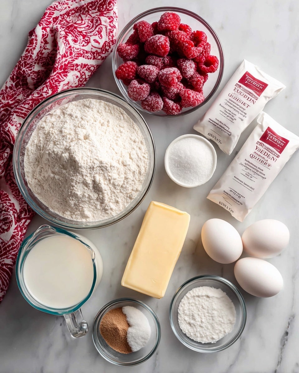 The image shows ingredients for baking arranged neatly on a white marbled surface. At the center, there is a large clear bowl filled with white flour. Above it, a clear bowl holds bright red frozen raspberries covered with a light layer of frost. To the right, two white eggs lie next to a stick of pale yellow butter, and above them are two white packets of platinum baking yeast with red and gray text. Below the flour bowl, a glass measuring cup filled with whole milk, white in color, is placed. Small clear bowls with white cornstarch, white sugar, coarse white salt, and brown vanilla powder are arranged on the left side of the flour bowl. A reddish-pink cloth with white patterns is draped on the upper left corner. The photo is taken with an iphone --ar 4:5 --v 7