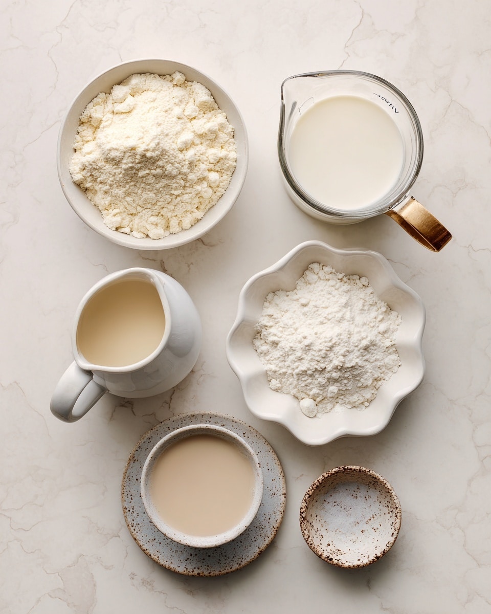 The image shows five containers with different ingredients on a white marbled surface. At the top left, there is a white bowl filled with off-white protein powder. To its right, a clear measuring pitcher holds white 2% milk with a handle in light brown wood. Below, a white scalloped dish has white instant pudding mix. On the left bottom, a white ceramic pitcher contains light beige almond milk. At the bottom center, a small round bowl with a brown speckled rim holds a small amount of clear liquid stevia. All items are evenly spaced and clearly labeled with black text on white backgrounds. Photo taken with an iphone --ar 4:5 --v 7