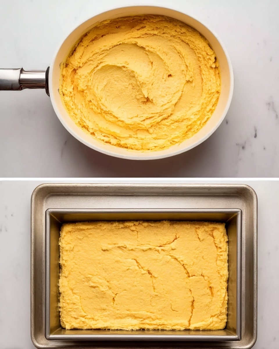 The image shows two parts: the top part is a close-up of a white pan filled with a smooth, thick, yellow mixture spread evenly with soft texture and small cracks on the surface. The pan handle is partly visible on the left side. The bottom part shows a rectangular baking tray also filled with the same yellow mixture, spread flat in an even layer. The surface of the mixture in the tray looks firm but still soft with slight cracks. Both the pan and tray are on a white marbled surface. photo taken with an iphone --ar 4:5 --v 7