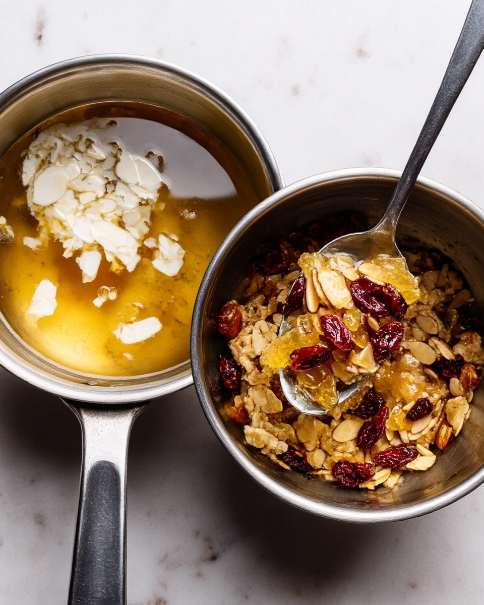 The image shows two metal bowls placed on a white marbled surface. The left bowl holds a mixture of clear golden liquid with white solid bits floating on top, giving a shiny texture. The right bowl contains a chunky mixture of small slivered nuts, dried red berries, and translucent yellow pieces, all coated in a sticky syrup. A metal spoon is dipping into this mixture, lifting some of it, displaying the layered texture of nuts and dried pieces. The light captures the shiny syrup coating the contents. photo taken with an iphone --ar 4:5 --v 7
