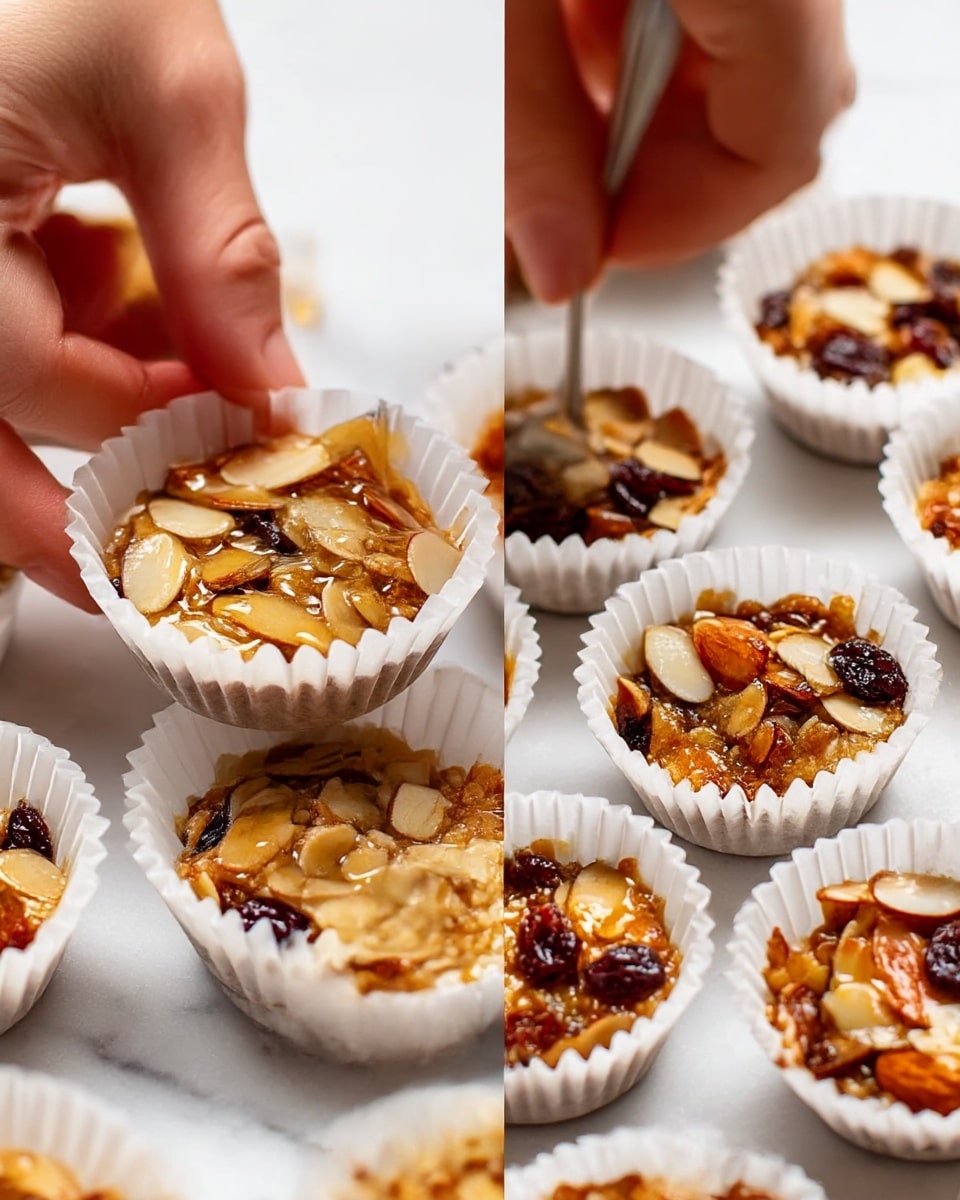 The image shows a close-up of small white paper cupcake liners filled with a mixture of sliced almonds, dried cranberries, and golden syrup. On the left side, a woman's hand is holding one cupcake liner while another woman's hand is pressing the nut and fruit filling down with a spoon inside the liner. The filling is textured with overlapping almond slices and bits of dried fruit, with a shiny golden glaze on top. On the right side, the finished small almond and dried fruit tarts are arranged closely together on a white marbled surface, showing a browned and slightly caramelized texture on the edges of the filling in each liner. Photo taken with an iphone --ar 4:5 --v 7