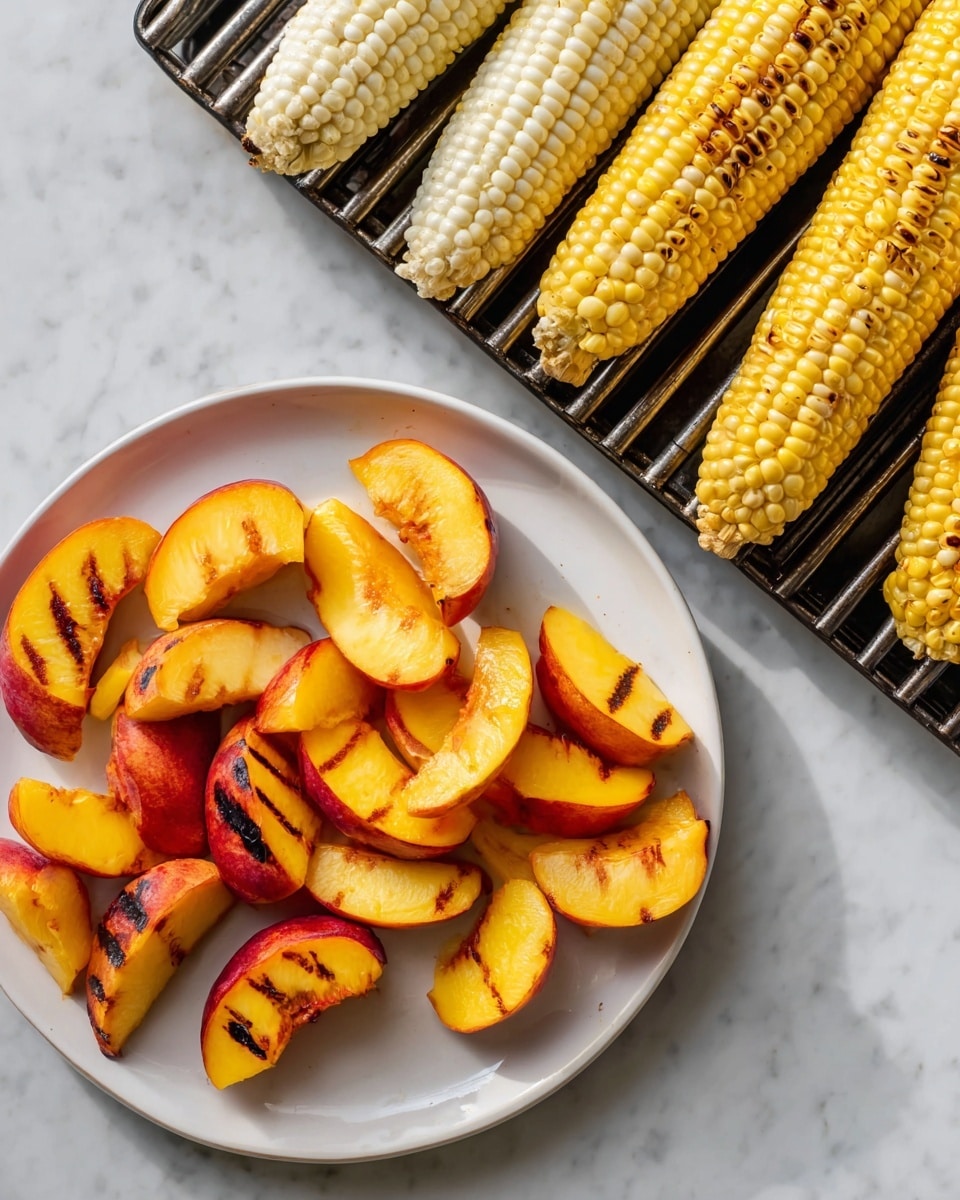 The image shows a white plate on a white marbled surface. On the plate, there are two yellow and white ears of corn placed side by side on the right half. On the left half of the plate, there are many orange-red peach slices arranged in a loose pile. On the right side of the image, there is a grill with three ears of yellow and white corn with slight brown grilled marks, placed horizontally near the top. Below the corn on the grill, there are several peach slices with visible dark grill marks, arranged in a scattered way. The colors are bright and natural, and the textures of the corn kernels and peach skin are clear. photo taken with an iphone --ar 4:5 --v 7