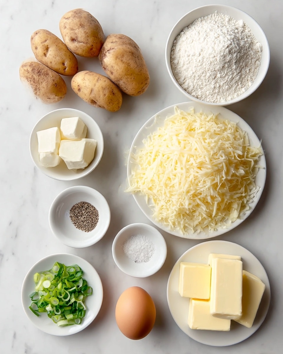 The image shows a white marbled surface with eight items arranged neatly. At the top left are four medium-sized brown potatoes with rough skin. To the right is a white bowl filled with white flour. Below the potatoes, a white plate holds a large pile of shredded pale yellow cheese. To the right of the cheese is a small white bowl with several cubes of soft white cheese or cream. Below that is a single brown egg sitting on the surface. To the right of the egg, a white plate holds four rectangular blocks of pale yellow butter. At the bottom left is a small white dish with chopped green onions, bright green in color. Above the onions is a tiny white bowl with a mix of salt and black pepper. The items are cleanly arranged and clearly visible. Photo taken with an iphone --ar 4:5 --v 7