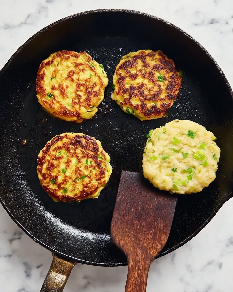 The image shows a black cast iron pan with four round fritters cooking inside. Three of the fritters are golden brown with nice, even browning and some darker spots, showing a crispy texture mixed with bits of green, likely herbs or vegetables, spread throughout. The fourth fritter remains pale and uncooked with visible pieces of green mixed in. On the right side of the pan, there is a dark wooden spatula resting partially under the uncooked fritter. The pan sits on a surface with a white marbled texture. photo taken with an iphone --ar 4:5 --v 7