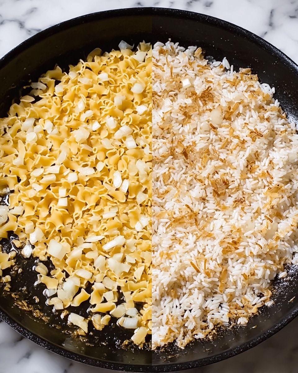 The image shows a close-up of a black skillet divided into two halves. On the left side, there is a layer of small, light yellow pieces of pasta mixed with translucent white chopped onions. The pasta pieces have a dry, firm texture and are evenly spread out with the onions scattered lightly throughout. On the right side, there is a thicker layer of mixed white rice grains and the same light yellow pasta pieces, with some brown toasted spots visible. The chopped onions are also mixed into this layer, with the rice shining slightly with oil or moisture. The skillet has a slight oily sheen, and the background shows a white marbled surface. photo taken with an iphone --ar 4:5 --v 7
