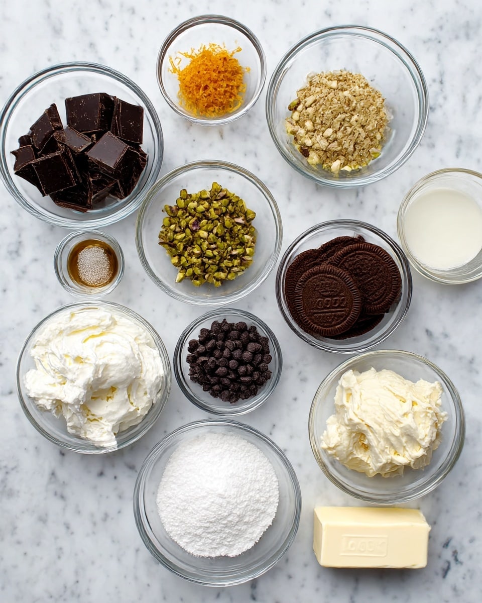 A top-down view of various ingredients arranged separately in clear glass bowls on a white marbled surface. There are roughly ten bowls in total, holding dark chocolate pieces, orange zest, chopped pistachios, creamy white ricotta or mascarpone cheese, dark brown Lotus biscuits, a pale cream soft cheese or butter, vanilla extract, mini chocolate chips, and powdered sugar. A small block of unsalted butter is also placed directly on the surface near the bowls. Each ingredient is clearly visible with different textures and shades, from smooth and creamy to crunchy and crumbly. photo taken with an iphone --ar 4:5 --v 7