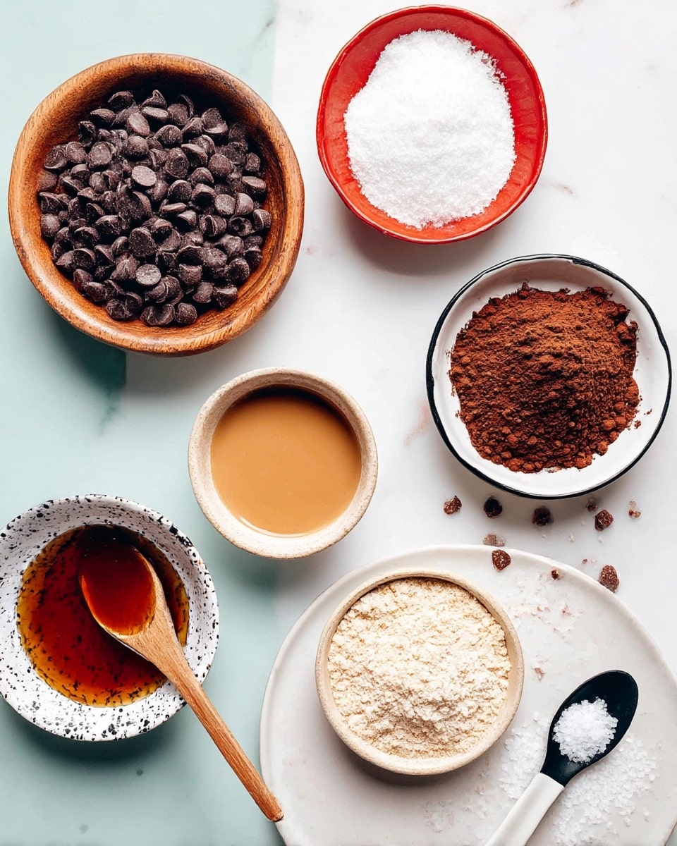 The image shows seven bowls with different ingredients arranged on a white marbled surface. At the top left, a wooden bowl is filled with dark chocolate chips. To its right, a small red bowl holds white powdered sugar. Below the chocolate chips, a black-rimmed white bowl contains dark brown cocoa powder with a powdery texture. Next to it a small beige bowl contains a smooth light caramel-colored liquid, with a wooden spoon resting inside it. At the bottom left, a white bowl with black speckles contains a dark amber syrup. To the bottom right, a white bowl is filled with a light beige powder with a grainy texture. At the top right, a white plate holds a black spoon with a small amount of white granulated salt and a small white spoon with a fine white powder next to it, with scattered chocolate chips on the surface. photo taken with an iphone --ar 4:5 --v 7