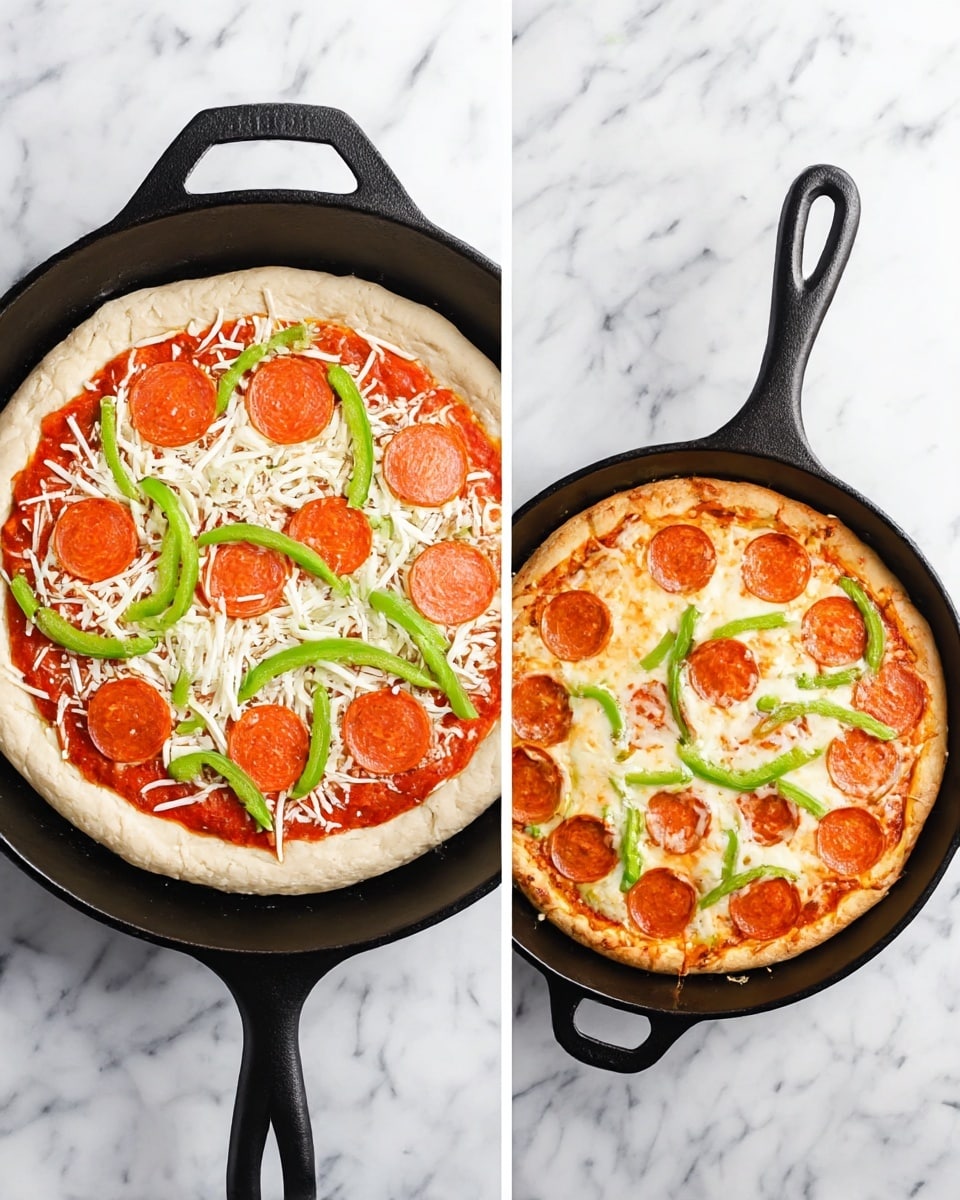 The image shows two side-by-side views of a pepperoni pizza in a black cast iron skillet on a white marbled surface. The left side displays the uncooked pizza with a thick, pale dough forming the outer crust, a layer of bright red tomato sauce, a generous covering of shredded white cheese, and evenly scattered slices of orange pepperoni, green bell pepper strips, and white onion rings. The right side shows the cooked pizza with the crust now golden brown and slightly puffed, melted cheese turning creamy white and lightly browned, the pepperoni slightly curled and darker in color, and the green bell pepper and onion slightly softened but still visible. The skillet handle is angled to the upper right in both views. Photo taken with an iphone --ar 4:5 --v 7