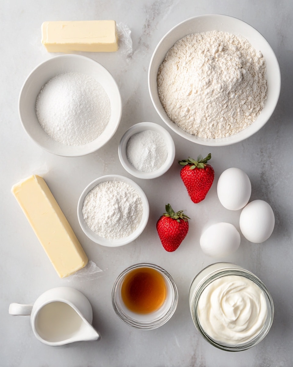 Top-down view of various baking ingredients carefully arranged on a white marbled surface. There is a large white bowl filled with flour at the top right and a medium white bowl with granulated sugar on the top left. A stick of butter, pale yellow wrapped in paper, lies horizontally just below the sugar bowl. Two small white bowls hold white powders, one with salt and the other with baking powder, both positioned near the flour bowl. Two white eggs rest inside a small white bowl near the bottom right corner. In the bottom left corner, a small white pitcher holds milk beside a small white bowl containing amber-colored vanilla extract. Three fresh red strawberries with green tops are placed in the center. Finally, a round white jar filled with thick white cream stands at the bottom right. Photo taken with an iphone --ar 4:5 --v 7