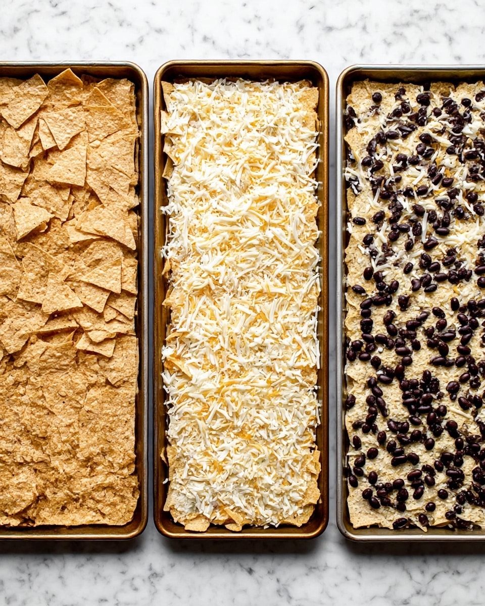 Three rectangular baking trays are shown side by side on a white marbled surface. The left tray has one layer of light brown tortilla chips spread evenly to cover the tray. The middle tray holds the same chips but with a thick even layer of shredded cheese in mixed white and yellow colors covering the chips. On the right tray, the chips and cheese are topped with a scattered layer of small, dark black beans distributed evenly across the cheese layer. The chips have a rough, grainy texture and the cheese appears shredded and soft. photo taken with an iphone --ar 4:5 --v 7