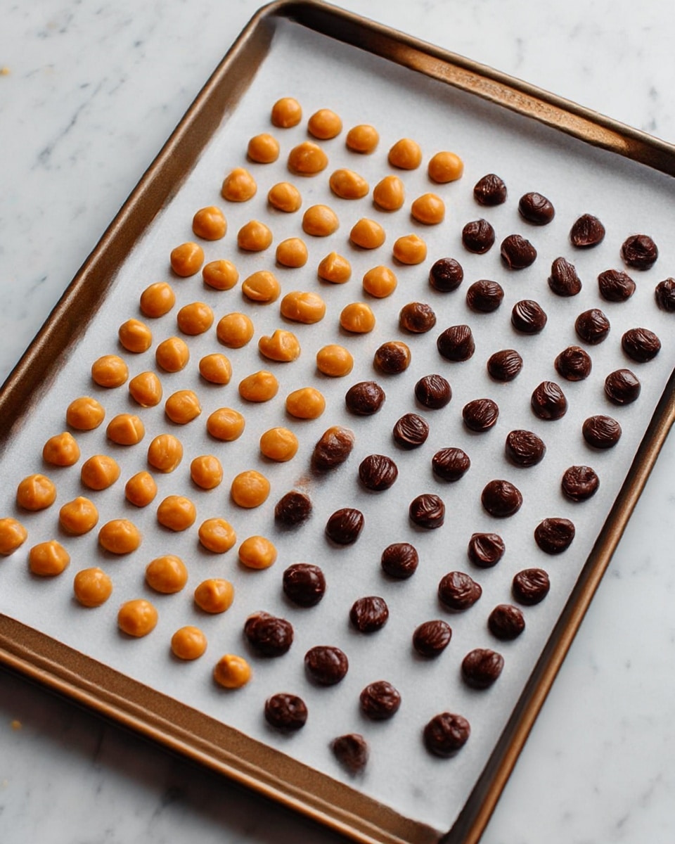 A baking tray lined with white parchment paper holds two rows of small dough drops. The left side features caramel-colored drops with a smooth texture, arranged evenly in multiple rows and columns. The right side has dark brown chocolate drops with a slightly shiny surface, also spaced neatly in rows and columns. The tray is on a white marbled surface. Photo taken with an iphone --ar 4:5 --v 7