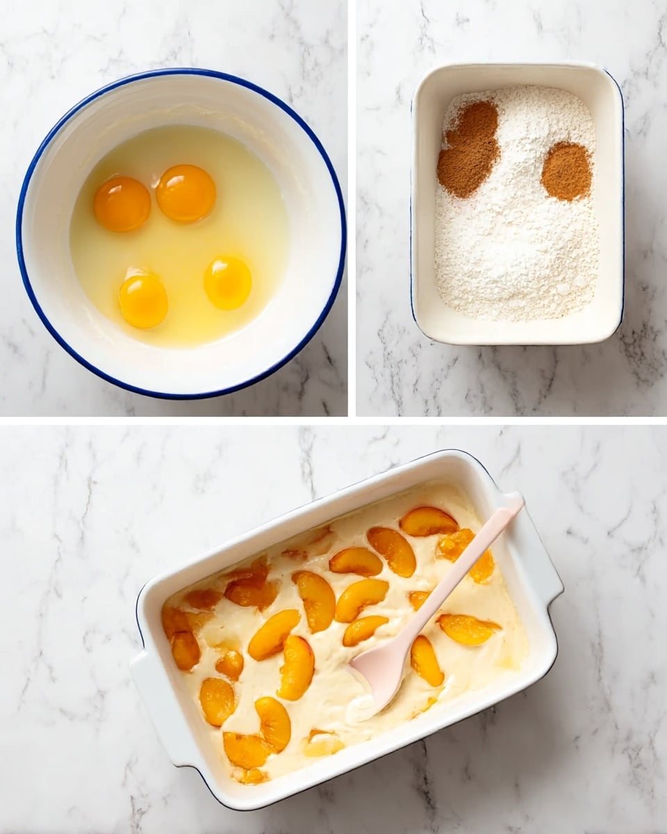 Three images show different stages of making a dessert. The first image has a white bowl with a blue rim on a white marbled surface, filled with ingredients: two eggs with yellow yolks, white flour, brown cinnamon, white yogurt, and a white powder. The second image shows the same bowl and surface, but now all ingredients are mixed into a smooth, creamy pale batter, with a pale pink spoon inside. The third image shows a white rectangular baking dish on the same surface, filled with a pale creamy batter topped with scattered orange peach slices evenly spread out. Photo taken with an iphone --ar 4:5 --v 7