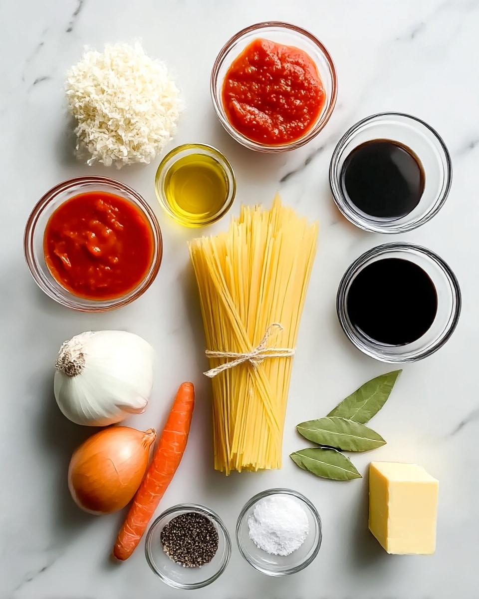 This image shows a neat arrangement of cooking ingredients on a white marbled surface. In the center is a bundle of uncooked yellow spaghetti tied with string. Around it are small glass bowls holding red tomato sauce, grated pale yellow cheese, olive oil, and dark balsamic vinegar. Next to them are whole vegetables including an orange carrot, a light brown onion, and a white garlic bulb. There are also three green bay leaves placed beside the spaghetti. Smaller clear bowls hold black pepper and white salt, and a small piece of yellow butter is placed nearby. Photo taken with an iphone --ar 4:5 --v 7