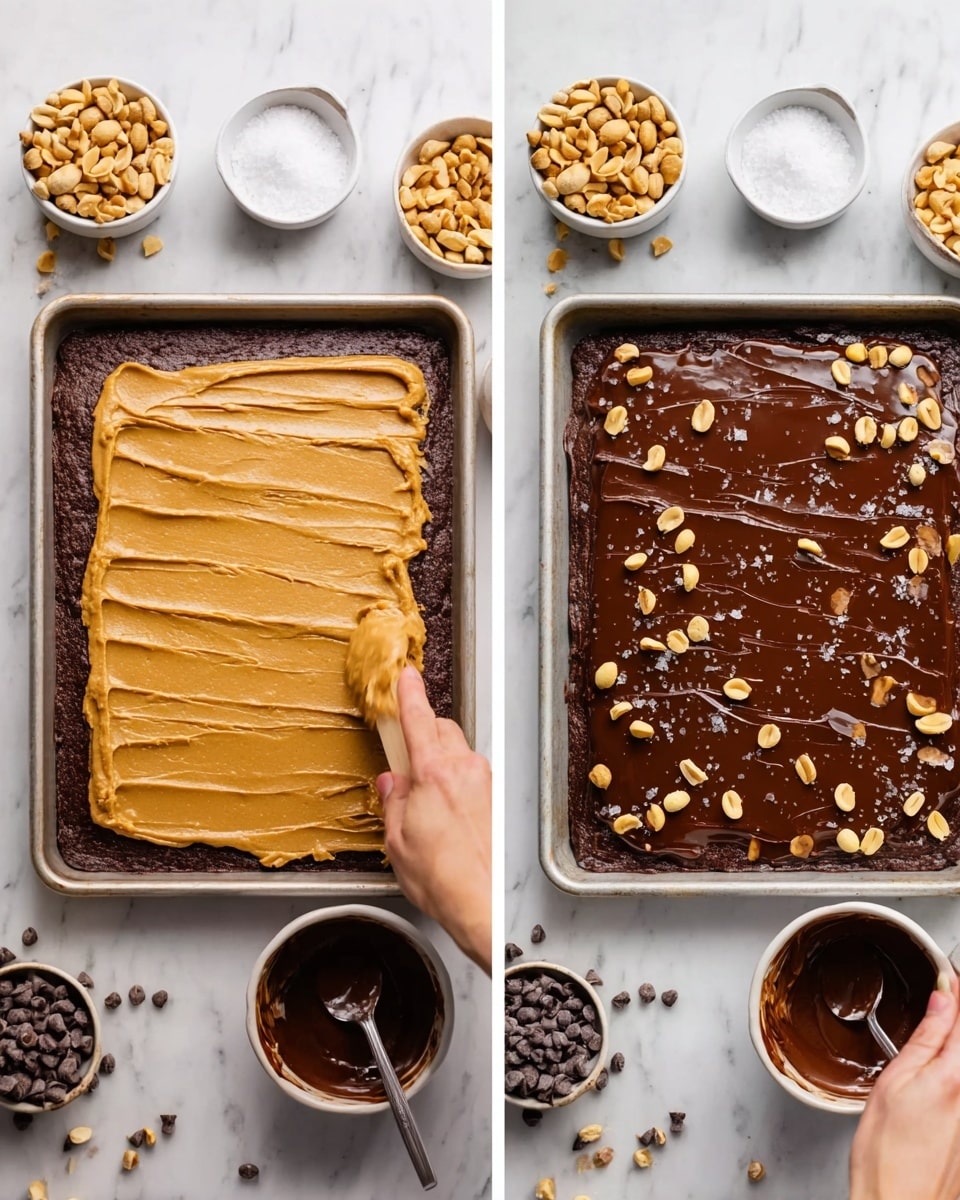 The image shows two side-by-side views of a baking tray with two layers of a dessert on a white marbled surface. On the left side, a woman's hand is spreading a smooth, light brown peanut butter layer evenly over a dark brown chocolate base that fills the tray. On the right side, the tray now has a thick, shiny dark brown chocolate layer spread on top of the peanut butter, sprinkled with whole peanuts and a few crystals of salt. Around the tray are small white bowls holding peanuts, chocolate chips, and salt, and a spoon rests in a bowl with melted chocolate. Photo taken with an iphone --ar 4:5 --v 7