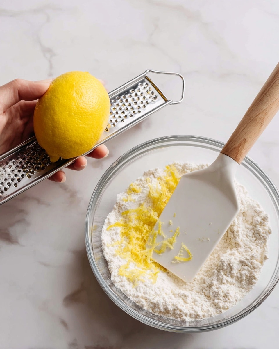 The left side of the image shows a close-up of a woman's hand holding a bright yellow lemon, while a metal grater is used to scrape yellow lemon peel off, creating small, fine strips. The right side shows a clear glass bowl filled with white flour, with a white spatula that has a wooden handle resting inside the bowl, all placed on a white marbled surface. photo taken with an iphone --ar 4:5 --v 7