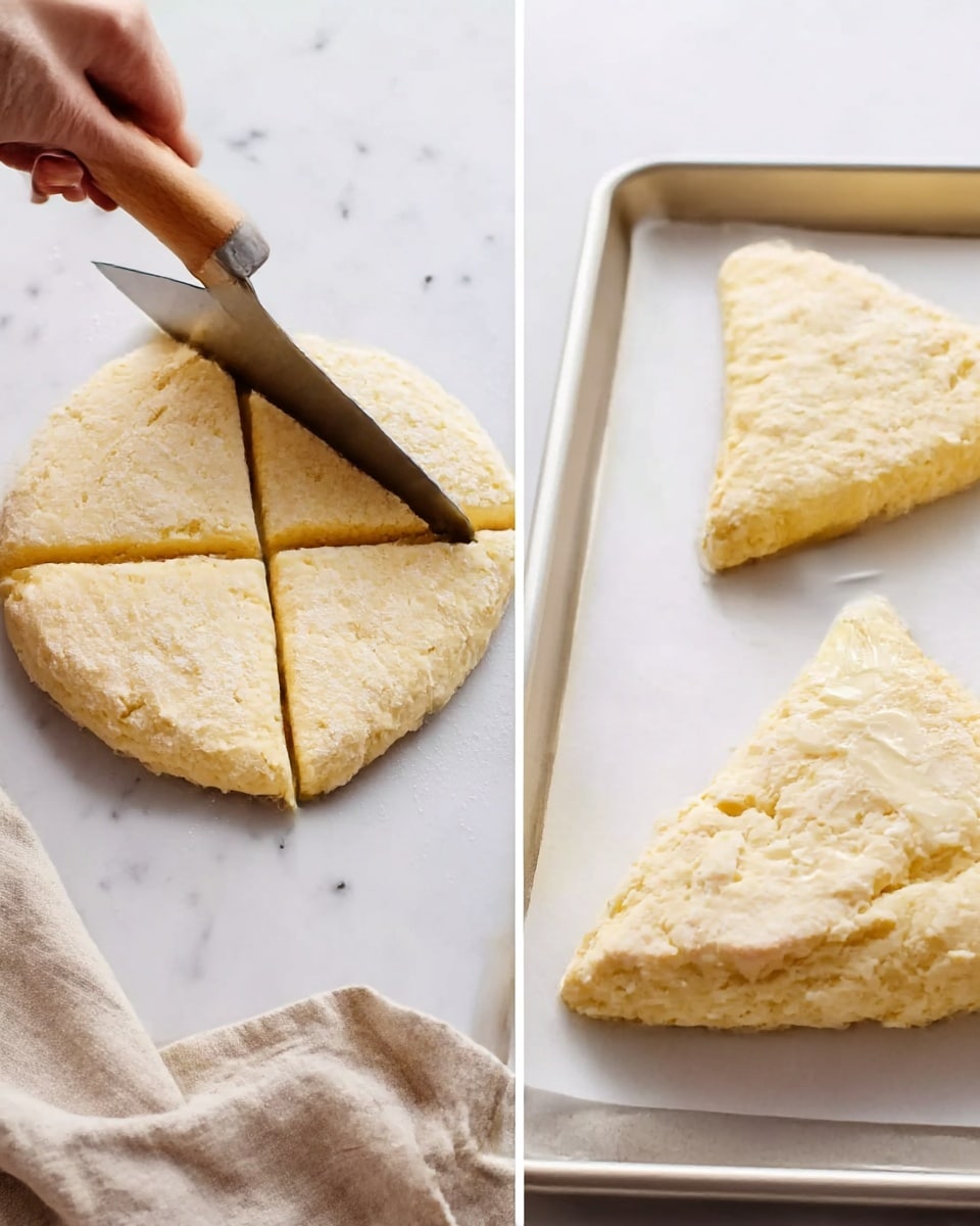 The image shows two steps of making a biscuit dough. On the left, a woman's hand holding a large wooden-handled dough cutter is dividing a round dough into four triangle pieces on a white marbled surface. The dough has a rough, flour-dusted texture and pale yellow color. On the right, one of the triangle dough pieces is on a baking sheet lined with white parchment paper, being brushed with a light coat of butter using a pastry brush with a dark brown handle. The dough piece shows a soft, textured surface with some small bumps, and the baking sheet is white with light beige edges. A beige linen cloth is placed near the baking sheet. Photo taken with an iphone --ar 4:5 --v 7