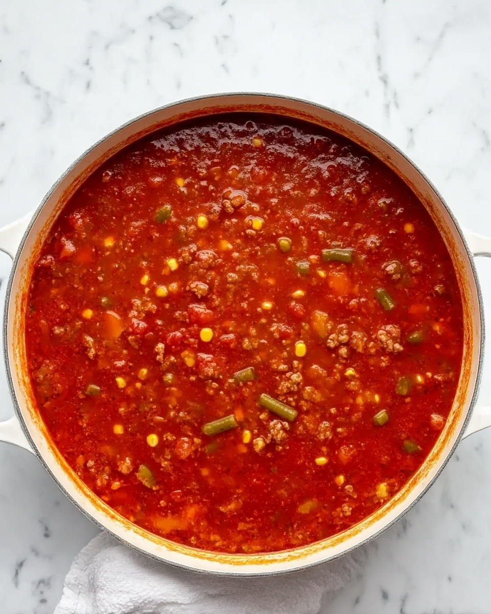 The image shows a white cooking pot filled with a thick red soup. The soup has many small pieces of vegetables like corn, green beans, and carrot bits, along with ground meat spread evenly throughout. The texture of the soup looks smooth but with visible chunks, and there is a clear layer of tomato-based broth covering it. The pot is placed on a white marbled surface with a white cloth partially underneath one handle. Photo taken with an iphone --ar 4:5 --v 7