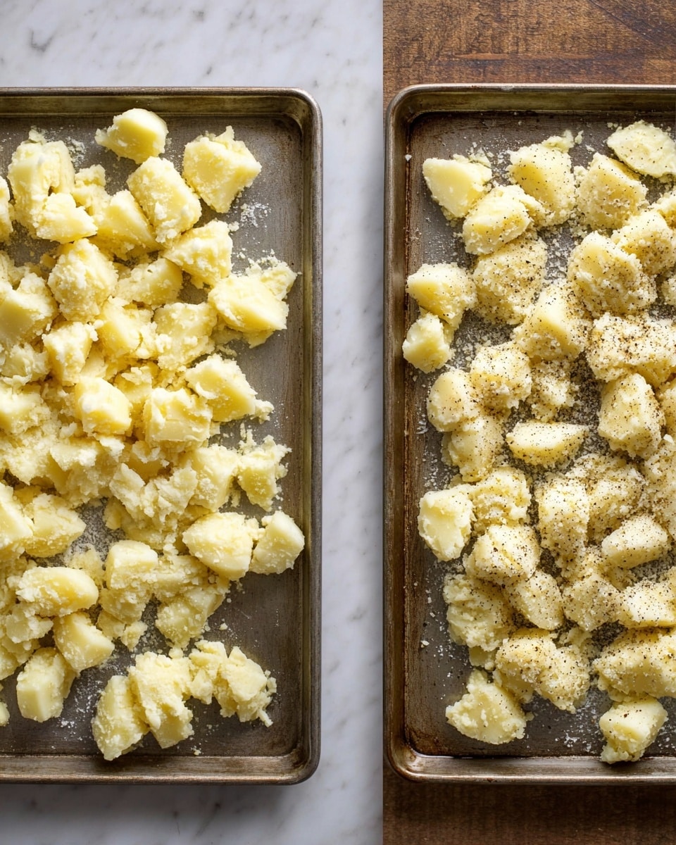 The image shows two metal baking sheets filled with uneven chunks of mashed potatoes spread over each one. On the left baking sheet, the potato pieces are pale yellow with a soft, slightly crumbly texture, scattered loosely across the sheet. On the right baking sheet, the potato chunks are sprinkled with ground black pepper, adding speckles of dark color on top of the light yellow potato pieces. Both sheets rest on a white marbled surface. photo taken with an iphone --ar 4:5 --v 7