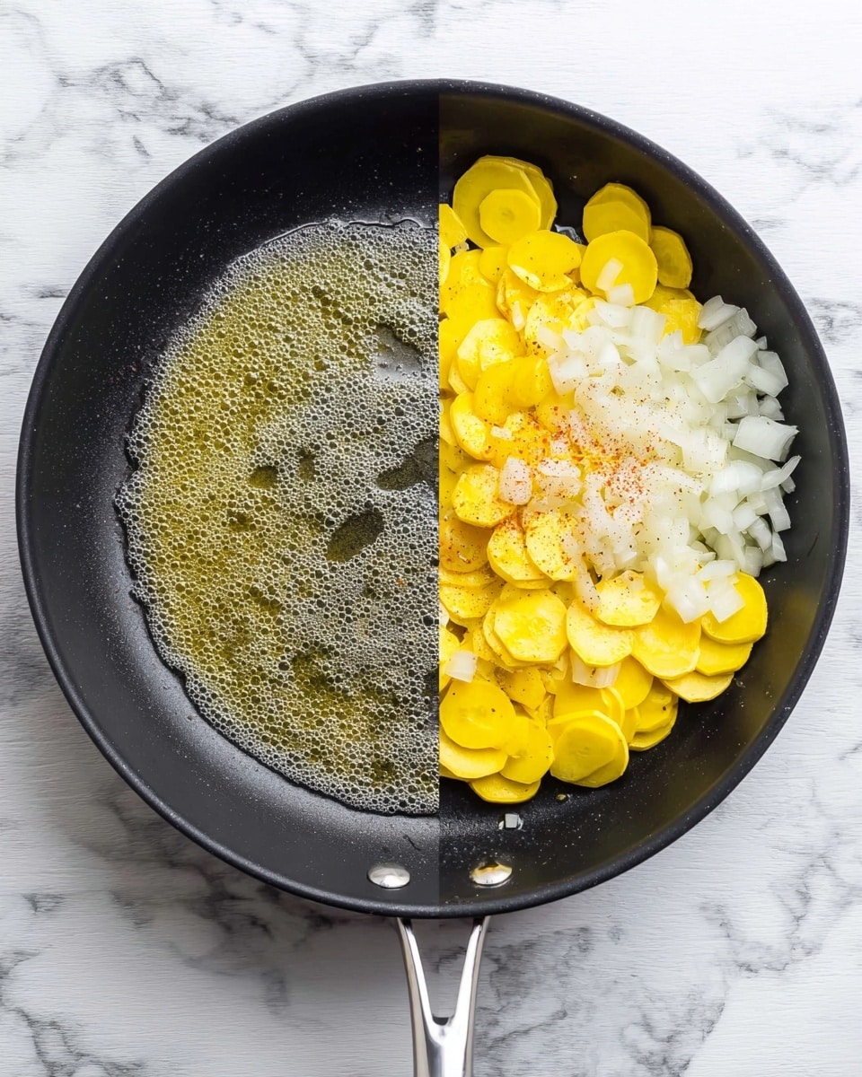 A black frying pan with a silver handle sits on a white marbled surface. Inside the pan, on the left side, a thin layer of melted butter is spread evenly with small bubbles across the bottom. On the right side, the same pan contains two layers: the bottom layer is a pile of thin yellow slices of squash covering most of the pan. On top of the squash, there is a layer of roughly chopped white onions scattered mainly on the right side, with some salt, black pepper, and light brown garlic powder sprinkled over both vegetables. Photo taken with an iphone --ar 4:5 --v 7