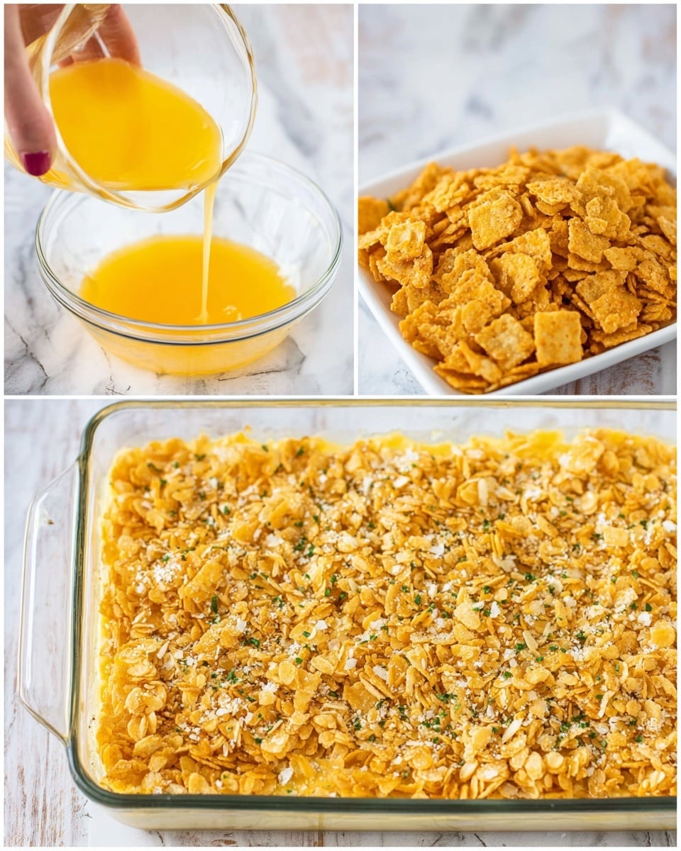 The first image shows a woman's hand pouring melted yellow butter from a clear glass bowl over large broken pieces of golden yellow crackers in a clear bowl. The second image displays a rectangular clear baking dish on a white marbled surface, filled with a creamy yellow base topped evenly with crushed golden crackers. The third image is a close-up of the same dish, showing the golden cracker topping with a sprinkling of green herbs and a slightly crumbly texture. Photo taken with an iphone --ar 4:5 --v 7
