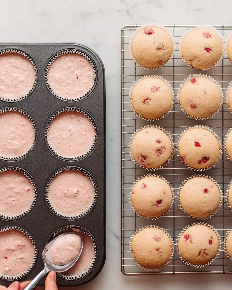 The left side shows a dark metal baking tray with twelve paper-lined cupcake molds filled with pale pink batter that has small red fruit pieces mixed in. A silver spoon held by a woman's hand is seen at the bottom right, scooping batter into one of the molds. On the right side, there is a cooling rack with fourteen light pink baked cupcakes, each with visible red fruit specks. The cupcakes have a smooth, slightly rounded top and light brown edges, all arranged neatly on a white marbled surface. photo taken with an iphone --ar 4:5 --v 7