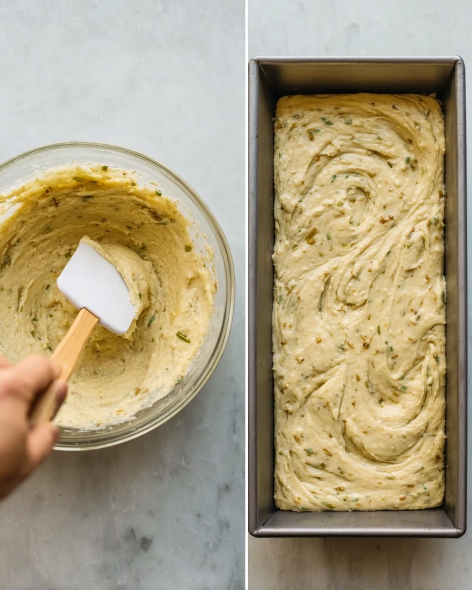 The image shows two parts: on the left, a glass bowl filled with a thick, creamy batter that is pale yellow with small green and brown specks, being mixed by a white spatula with a light wood handle, held by a woman’s hand; on the right, a rectangular metal baking pan filled with the same batter, evenly spread with swirling patterns on top, all placed on a white marbled surface. photo taken with an iphone --ar 4:5 --v 7