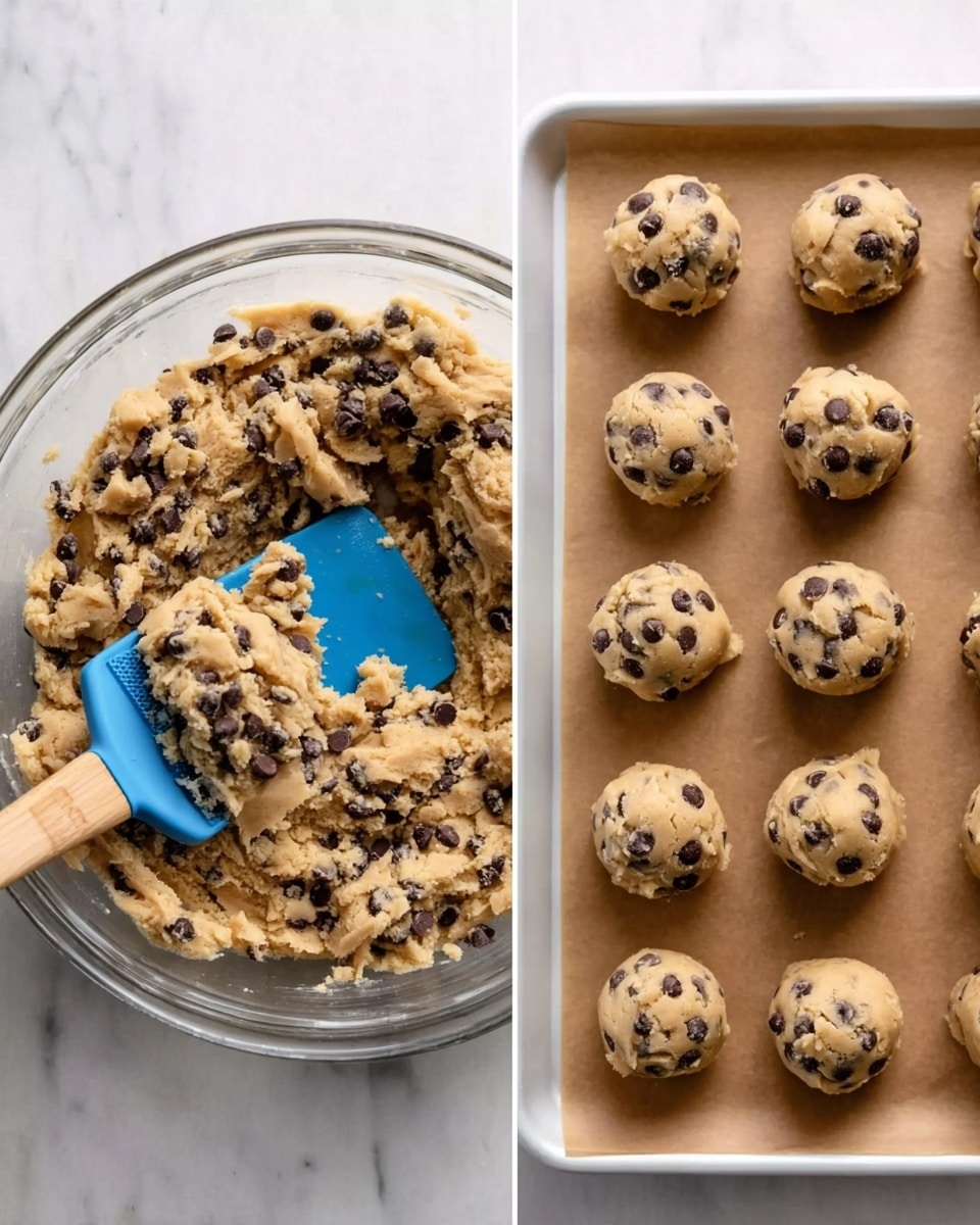 The image shows two parts side by side on a white marbled surface. On the left, there is a clear glass bowl filled with tan cookie dough mixed with many dark chocolate chips, and a blue spatula with a wooden handle is partly inside the dough. On the right, there is a white baking tray lined with brown parchment paper containing three rows of round cookie dough balls, each ball showing visible chocolate chips, evenly spaced and ready to bake. Photo taken with an iphone --ar 4:5 --v 7
