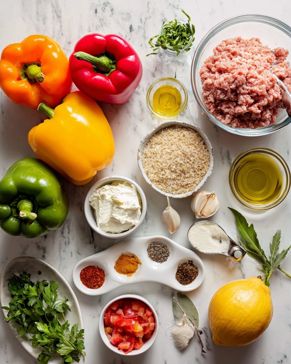 The image shows a collection of fresh cooking ingredients laid out on a white marbled surface. There are four colorful bell peppers in orange, red, yellow, and green placed together on the left side. A large golden onion and a bright yellow lemon sit to the right. Near the top right, a clear glass bowl is filled with pale pink ground meat. A small bowl with several garlic cloves is near the center. A larger white bowl holds a creamy white ingredient with a spoon inside. A measuring cup filled with light brown breadcrumbs sits beside the meat. A small white plate arranged with various spices in small piles shows red, brown, black, and beige colors. Fresh green herbs, a small bowl with green leaves, a small bowl of olive oil, and a can of diced tomatoes add more color and freshness throughout the layout. photo taken with an iphone --ar 4:5 --v 7