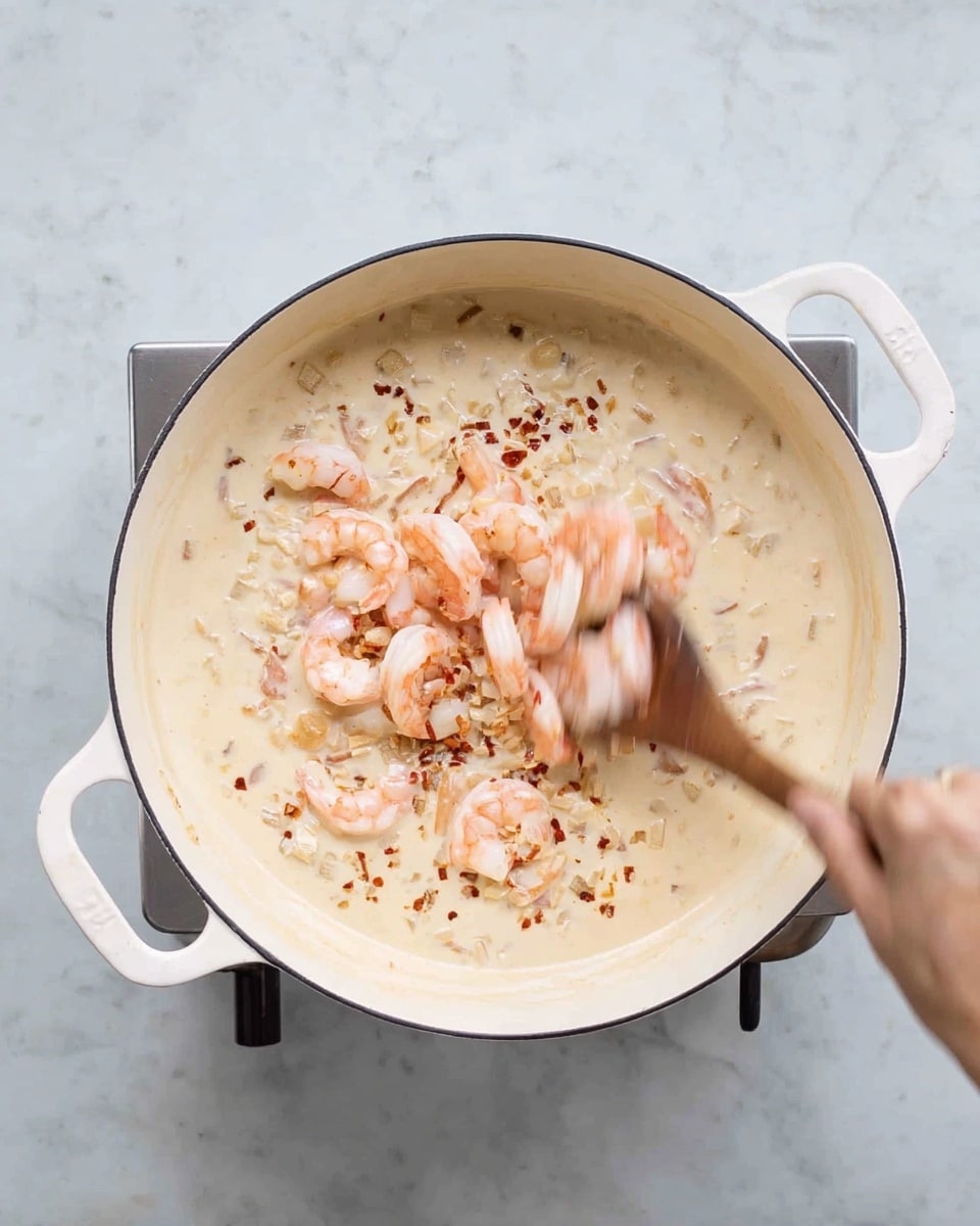 A white pot filled with a creamy sauce, light beige in color with small bits of sautéed onions and dried chili flakes mixed in. On top of the sauce, there is a layer of small pink shrimp scattered evenly. A woman's hand is stirring the sauce and shrimp with a wooden spoon, showing motion blur. The pot handles are white, and the pot is sitting on a stove against a white marbled surface. photo taken with an iphone --ar 4:5 --v 7