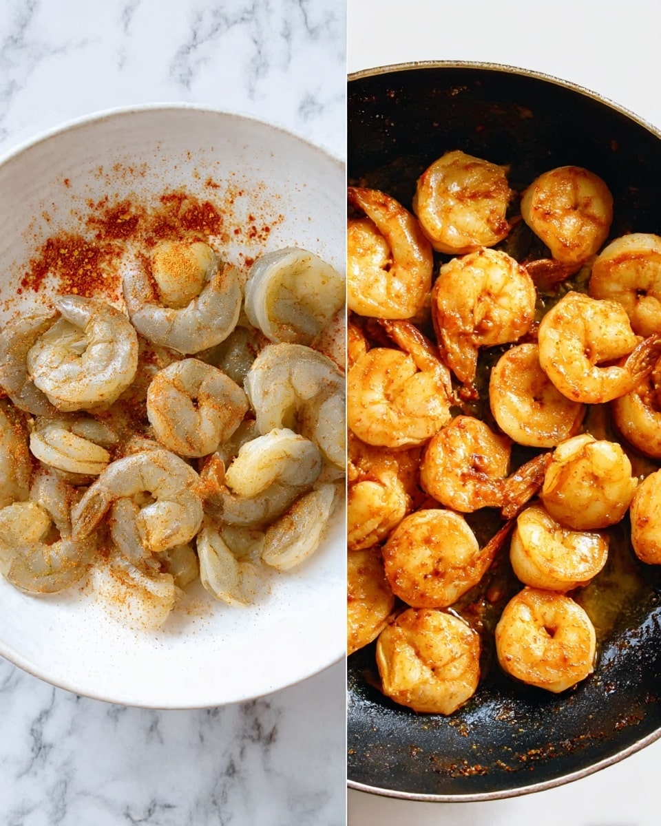 The image shows two side-by-side views of shrimp preparation. On the left, raw shrimp sit in a white shallow bowl on a white marbled surface, sprinkled with orange and red spices, some with a powdery texture. The shrimp are translucent with gray and light pink hues. On the right, the shrimp are cooked in a pan; they have curled and turned a warm orange color with some browned spots, glistening with oil and seasoning. The shrimp display different sizes and textures, with the background of the pan being dark and contrasting with the bright shrimp. photo taken with an iphone --ar 4:5 --v 7