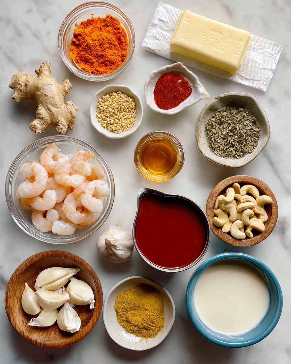 The image shows 13 small bowls and containers placed on a white marbled surface, each holding different ingredients for cooking. From left to right, starting at the top: a small clear bowl with bright orange powder labeled Orange Food Color, a rectangular stick of butter wrapped in white paper, a small white bowl with yellowish-brown cumin seeds, a small white bowl with bright red cayenne powder, and a small clear bowl filled with dried green kasoori methi leaves. Moving down, there is a white bowl with mustard-yellow coriander powder, a small clear bowl with amber-colored honey, and a clear pitcher filled with heavy cream. Below that is a small wooden bowl holding peeled garlic cloves, a small red onion, and a piece of ginger. To the left of it, a clear glass bowl filled with raw, pale pink shrimp, a small blue bowl containing reddish-brown garam masala powder, and a wooden bowl full of light beige cashew nuts. In the middle-center, a shiny silver can with rich red tomato sauce is placed directly on the surface. Photo taken with an iphone --ar 4:5 --v 7