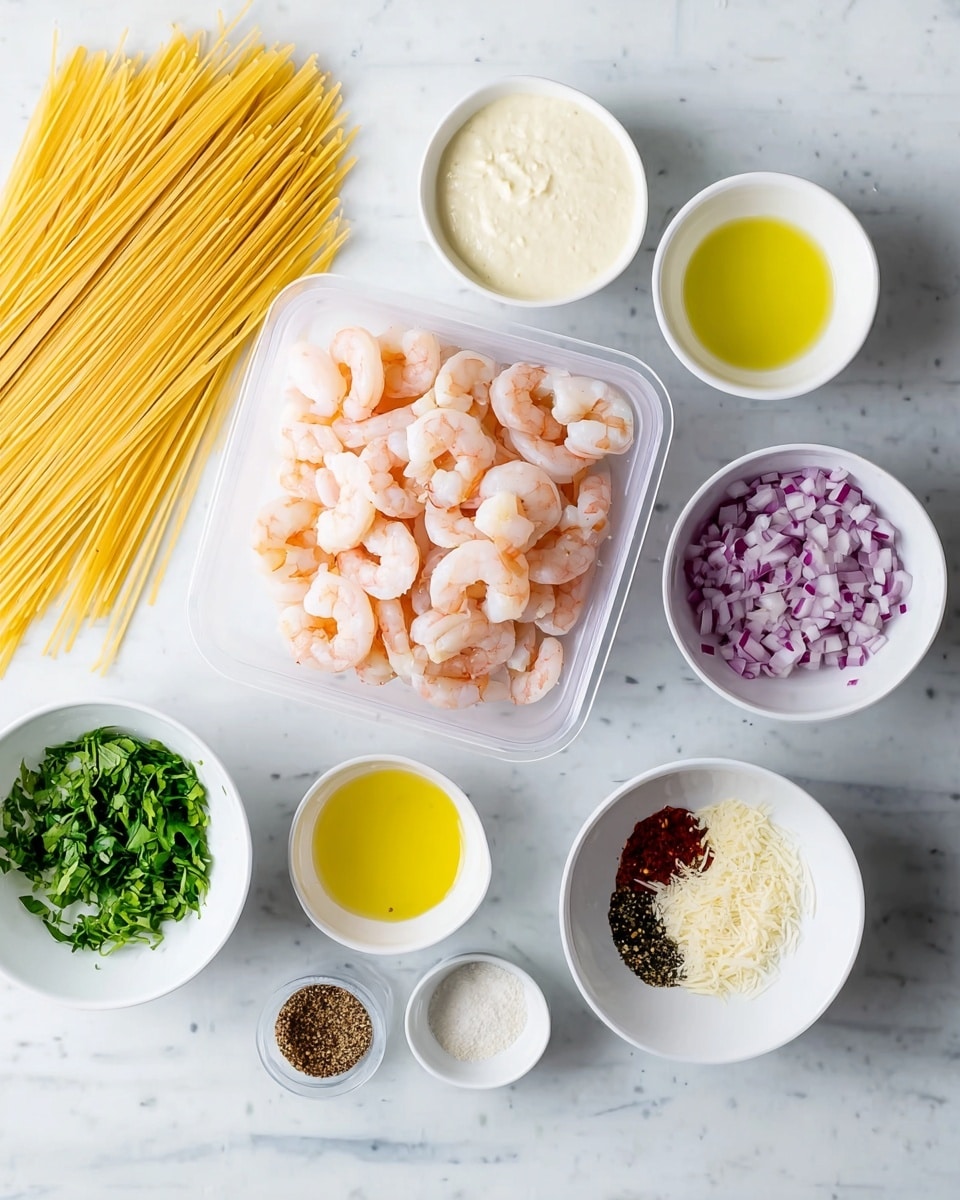 The image shows various ingredients neatly placed on a white marbled surface. There is a pile of uncooked pasta on the left side, next to a small yellow bowl with minced garlic. In the center is a clear plastic container filled with pink and white shrimp. Around it are six white bowls: one with a light cream sauce, one with finely chopped red onions, one with chopped green herbs, one with a small amount of butter and olive oil, one with a mix of red, black, and white spices, and one with grated cheese. Each bowl is arranged in a semi-circle around the shrimp container, creating a balanced layout. Photo taken with an iphone --ar 4:5 --v 7