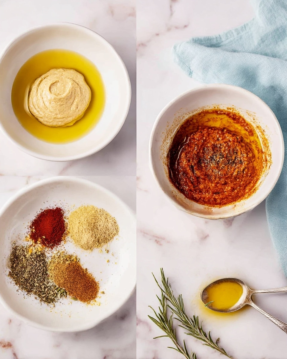 The image shows three white bowls on a white marbled surface, each with different stages of a sauce being prepared. The top left bowl has a thick light beige dollop sitting in the middle of golden yellow oil. The bottom left bowl contains the same light beige base with the golden oil, now surrounded by loose dry spices in red, beige, and green shades, scattered unevenly on one side. The right bowl shows all ingredients mixed into a thick reddish-brown paste with visible small rosemary leaves on top, and a spoon with some sauce and oil sits nearby on the marbled surface with a light blue cloth beside it. Photo taken with an iphone --ar 4:5 --v 7
