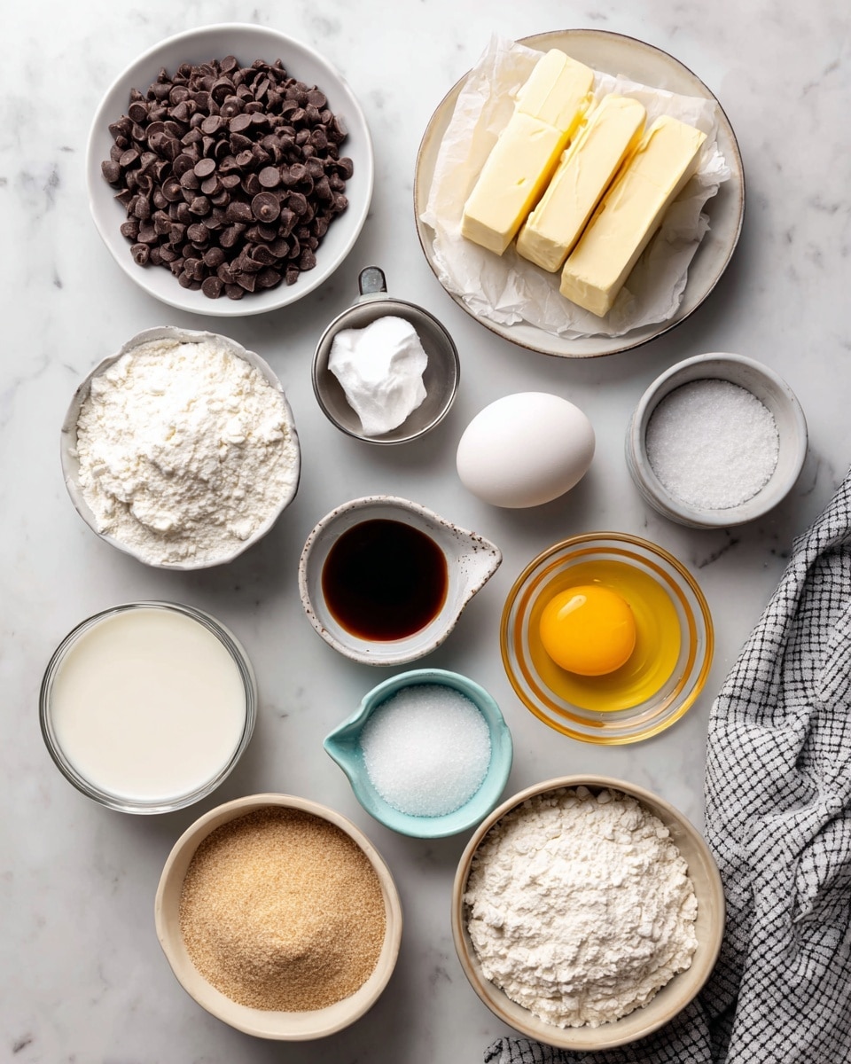 A variety of baking ingredients are neatly arranged on a white marbled surface. Starting from the top left, there is a white bowl filled with dark brown chocolate chips next to a white plate holding two sticks of pale yellow butter wrapped in paper. Below the chocolate chips is a small white bowl with white cornstarch powder, and next to it is a single white egg. To the right of the egg is a small clear glass bowl containing a bright yellow egg yolk in clear egg white. Next to the egg yolk is a small white bowl with dark brown vanilla liquid. Below the cornstarch is a small silver cup filled with white salt. In the center is a larger silver measuring cup filled with white sugar. Below the salt is a small clear bowl holding white baking soda. At the bottom left is a white bowl filled with white flour, and next to it is a beige bowl filled with light brown sugar. To the right of the sugar is a small pale blue bowl filled with white milk. A gray and white checkered cloth peeks into the frame on the right side. photo taken with an iphone --ar 4:5 --v 7