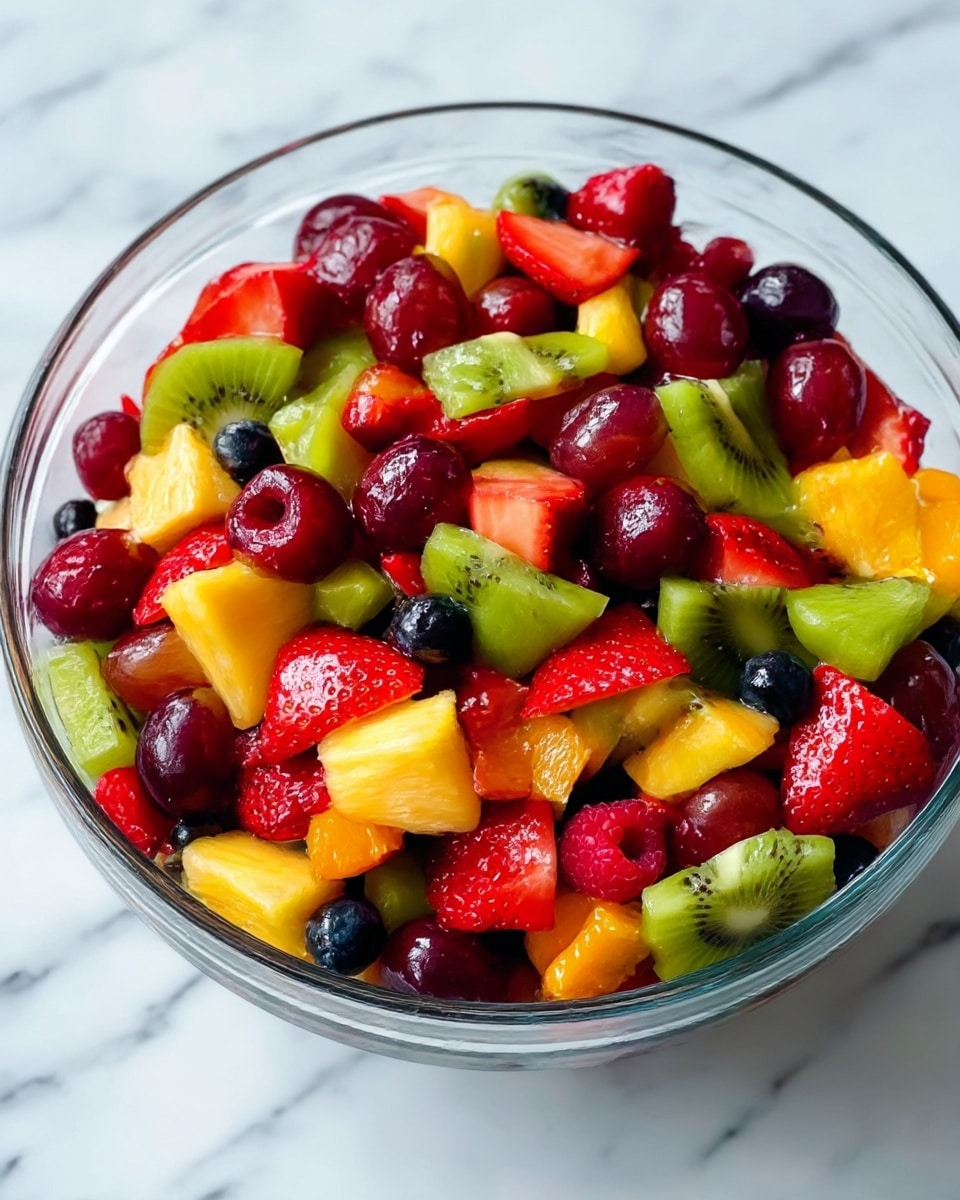 A clear glass bowl filled with a colorful mix of fruit salad sits on a white marbled surface. The fruit pieces make up a lively, dense layer with bright red strawberries cut into halves and quarters, deep purple grapes whole and shiny, green kiwi slices with small black seeds displayed, chunks of yellow pineapple, orange segments, small red raspberries, and scattered dark blue blueberries creating spots of contrast. All the fruit pieces have a fresh, juicy texture that looks inviting and ripe. The scene is well lit, highlighting the vibrant colors and natural gloss of the fruit, photo taken with an iphone --ar 4:5 --v 7