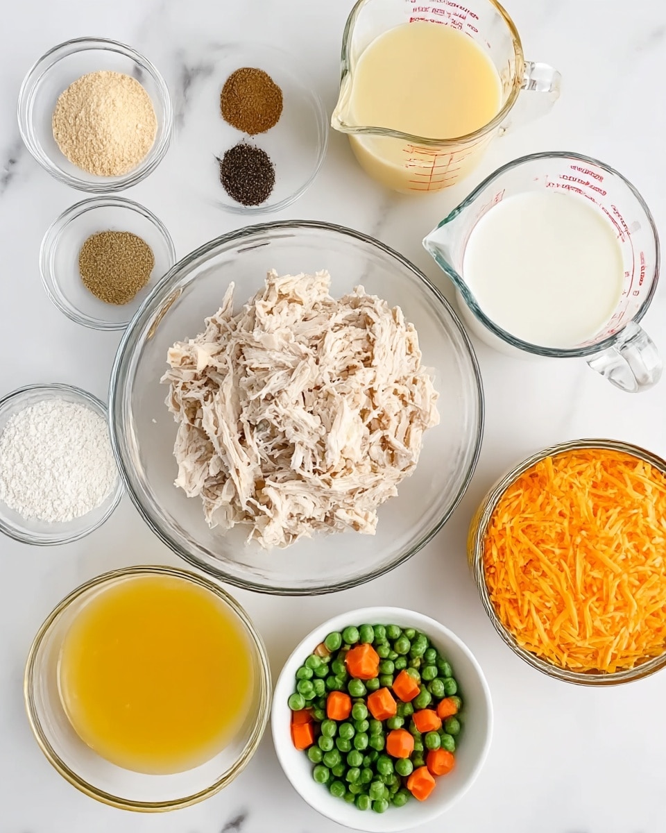 A collection of clear glass bowls and one open can are arranged on a white marbled surface. The largest bowl in the center holds shredded light brown cooked chicken. Surrounding it, starting at the top left, is a small bowl with three different spices: light beige, dark brown, and black powder. To the right is a glass measuring cup with a pale yellow liquid, and next to it another measuring cup filled with white milk. Below the spices, a bowl with melted yellow butter is visible. To its right, a bowl with white flour sits near a white bowl filled with bright orange shredded cheese on the bottom right. Below the chicken is a bowl with mixed frozen green peas and orange carrot cubes. Lastly, in the bottom right corner, an open can with smooth yellowish sauce or soup is present. All is placed neatly on a clean white marbled background. Photo taken with an iphone --ar 4:5 --v 7