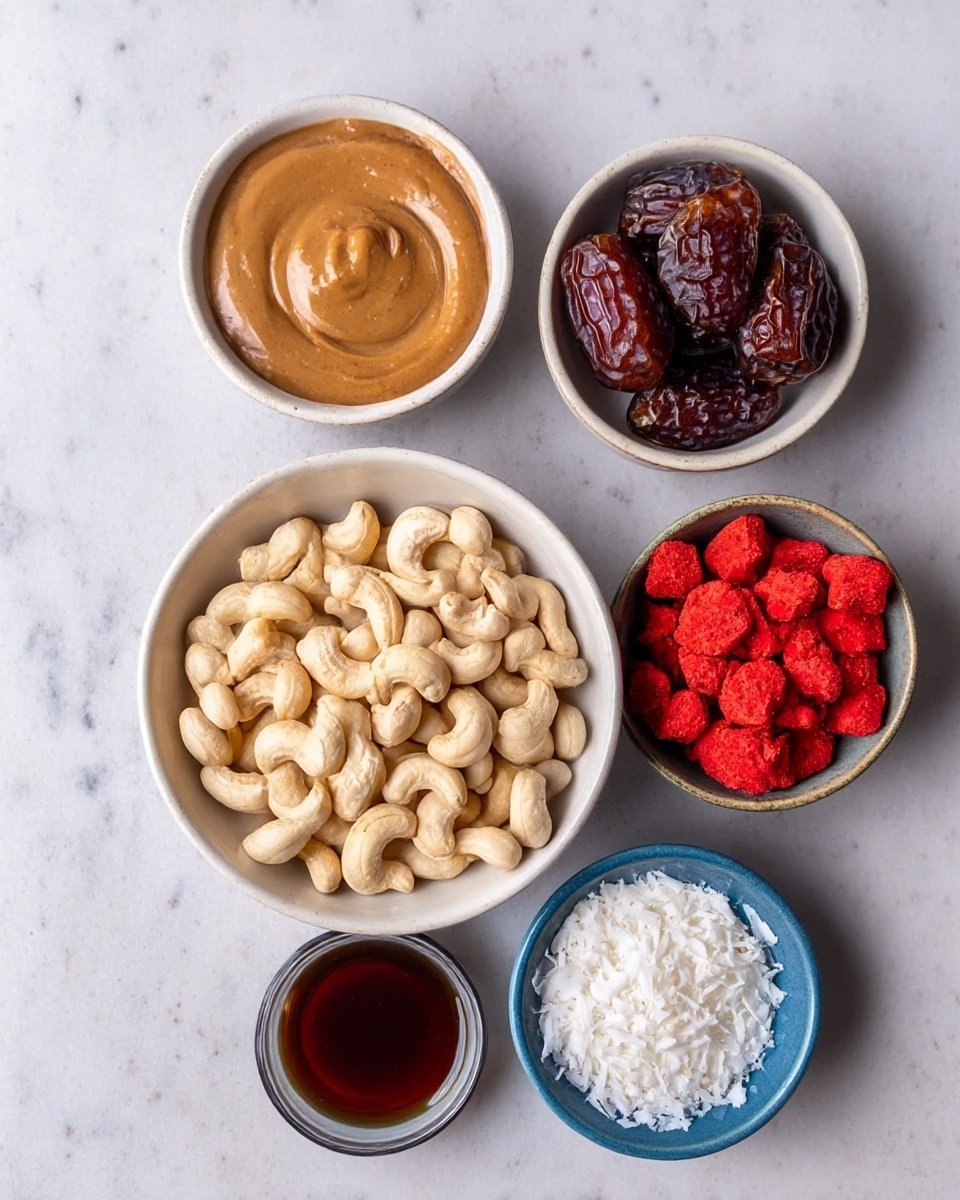 The image shows six small white bowls on a white marbled surface, each holding different ingredients. The biggest bowl in the center is filled with whole cashew nuts, which are pale beige and smooth. To its upper left is a bowl with brown creamy peanut butter, thick and shiny. Above that is a bowl of dark brown dates, wrinkled and glossy. To the right of the dates is a bowl with bright red freeze-dried strawberries, rough and irregular in shape. Below that is a blue bowl filled with finely shredded white coconut flakes, light and fluffy. Below the peanut butter bowl is a very small bowl containing a dark brown sticky syrup. photo taken with an iphone --ar 4:5 --v 7