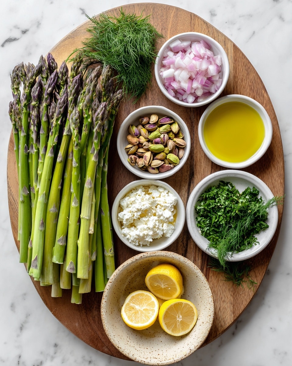 A white round tray with a wooden board in the center holds fresh ingredients arranged neatly. On the left side, there is a bunch of green asparagus with purple tips, stacked in layers. On the right side of the wooden board, six small white bowls contain different items: chopped pale purple shallots at the top, golden yellow olive oil below them, crumbled white feta cheese in the middle, rustic brown pistachios next to the feta, fresh green parsley below the pistachios, and fine feathery green dill beside the parsley. At the bottom, a rustic speckled beige bowl holds two lemon halves showing the juicy yellow inside. The background is a white marbled texture. Photo taken with an iphone --ar 4:5 --v 7