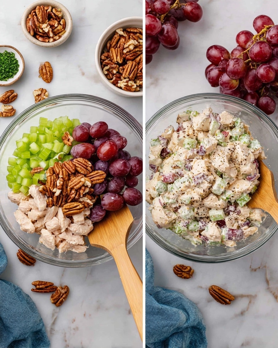 The image shows two clear glass bowls placed on a white marbled surface. Each bowl contains a chicken salad mixture. In the left bowl, there are four visible layers: light pink diced chicken pieces at the bottom, bright green chopped celery on the top right, purple-red halved grapes on the top left, and brown pecan nuts scattered mainly in the center on top. A wooden spatula rests inside this bowl. Around the bowl, there are more pecan nuts in a small white bowl and some loose pecans beside it, while the cluster of red grapes lies on the marbled surface above the bowl. To the right, the second bowl shows the same ingredients all mixed together, creating a creamy mixture with visible specks of black pepper. A blue cloth napkin and small bowls of green herbs add to the scene. The photo taken with an iphone --ar 4:5 --v 7