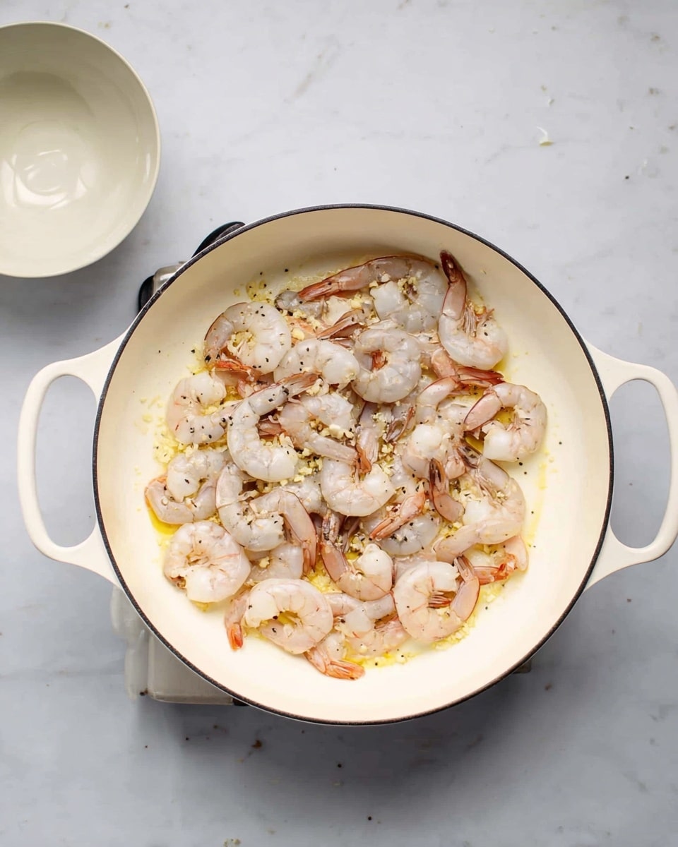 A large white pan with two handles on a white marbled surface contains one layer of small prawns, half cooked, showing a mix of grey and pink colors, with bits of minced garlic and small black pepper specks scattered throughout. To the left, there is an empty white bowl. The scene is lit softly from above, highlighting the shiny texture of the prawns and the creamy white inside of the pan. photo taken with an iphone --ar 4:5 --v 7