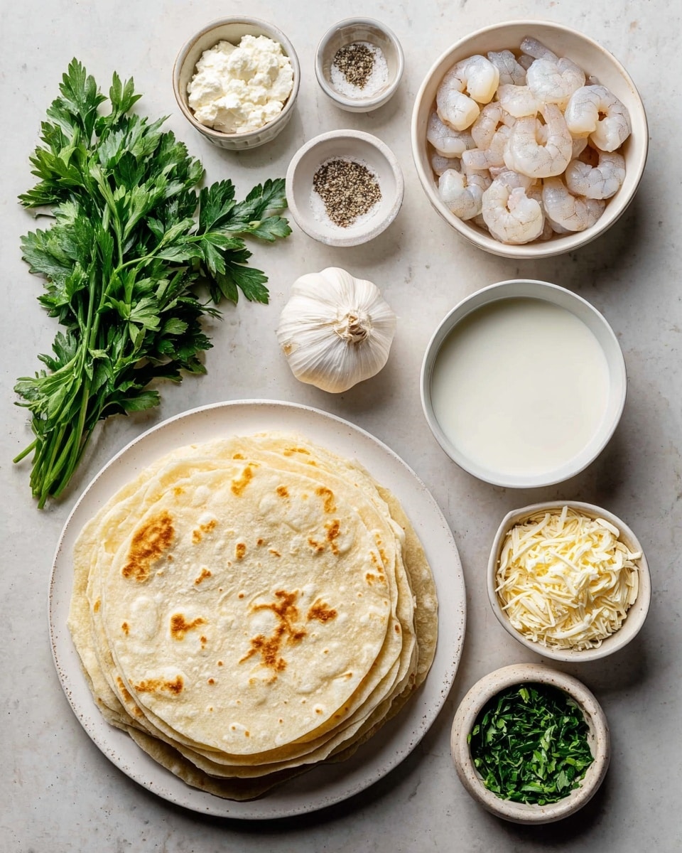 The image shows a flat lay of ingredients arranged neatly on a white marbled surface. Center bottom is a stack of light golden tortillas on a white plate, each tortilla slightly browned with soft texture. To the left is a bunch of fresh parsley with deep green leaves. Above the tortillas, in a white bowl, there are peeled raw shrimp with a pale pink and white color. Next to the shrimp, two small white bowls contain ground black pepper and coarse salt. To the right, a white bowl holds soft white cream cheese. Below that, another white bowl has a white liquid, possibly milk or cream. A garlic bulb with white papery skin sits between the shrimp and liquid bowls. At the bottom right are two smaller white containers, one filled with finely shredded light yellow cheese and the other with chopped green herbs. The photo taken with an iphone --ar 4:5 --v 7