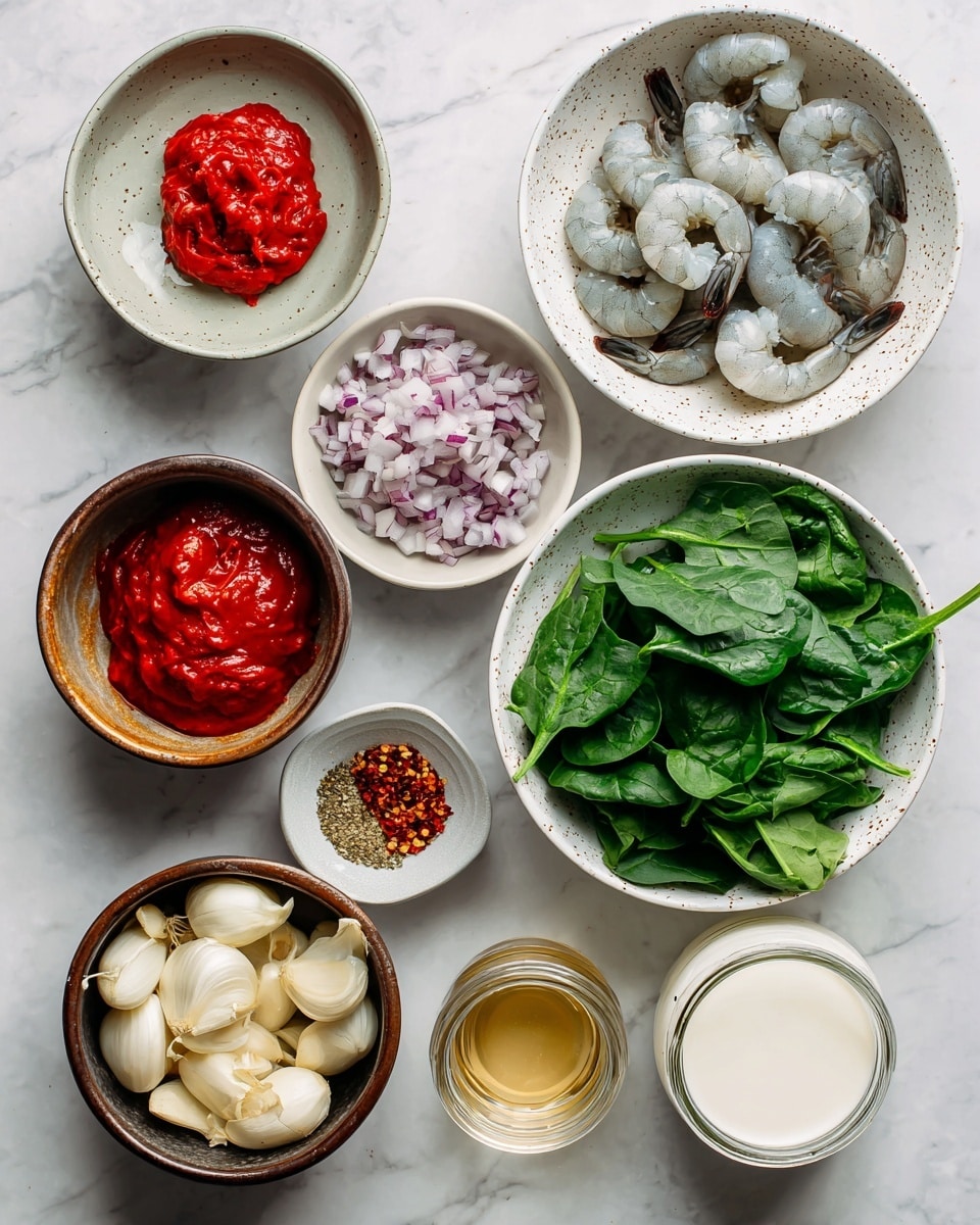 The image shows eight white bowls and jars arranged on a white marbled surface, each containing different ingredients. At the center is a speckled white bowl filled with raw gray shrimp with dark tails on top. To the right, a white bowl holds fresh, bright green spinach leaves that look fresh and crisp. Above it is a small white bowl with two dollops of vibrant red tomato paste. Near the top center, another white bowl is filled with finely chopped purple and white shallots. On the left side, a brown bowl contains bright red chopped bell pepper pieces, and above it, a small white bowl holds a mix of red spices including chili flakes. Below the spice bowl, a speckled brown bowl is filled with chopped pale yellow garlic cloves. Below the shrimp bowl, two glass jars sit side by side; one is filled with light golden broth, and the other contains thick white heavy cream. The entire setup is neat and bright. photo taken with an iphone --ar 4:5 --v 7
