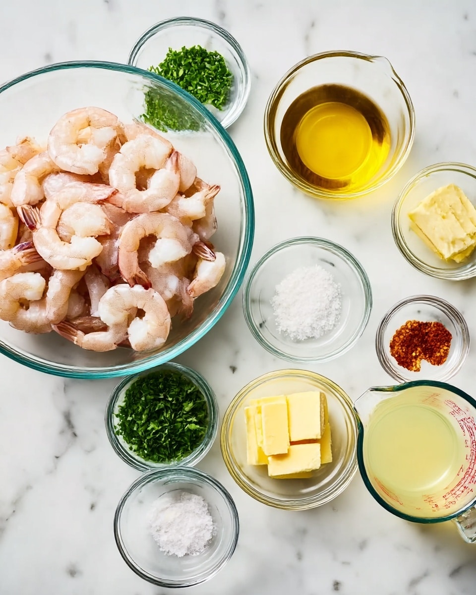 The image shows a white oval plate filled with raw shrimp arranged in a semi-organized pile, their gray and pinkish shells visible with tails attached. To the left of the plate, there is a small white bowl with lemon wedges, bright yellow in color, placed inside. Above it, there are five small containers on the white marbled surface: a clear glass container with yellow olive oil, two small white bowls with red spices, a small gray bowl holding white salt, and a small glass bowl with a light yellow liquid. A single garlic clove lies next to the containers on the top right side. Photo taken with an iphone --ar 4:5 --v 7
