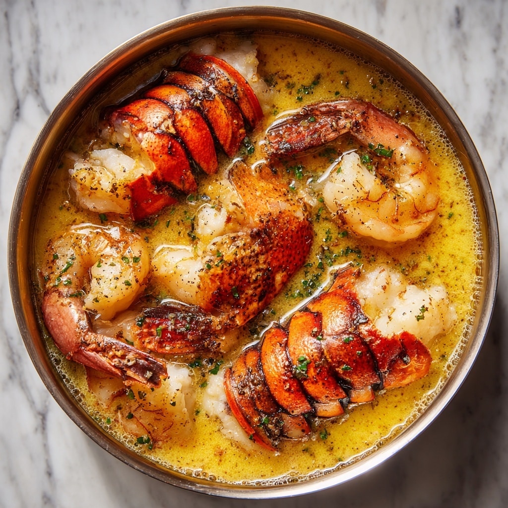 The image shows a close-up of lobster tails cooking in a pot. The lobster tails are curved, with a bright red shell on top and white, tender meat underneath. They sit in a bubbling, yellow butter sauce that looks rich and creamy. The lobster shell parts are dark orange with black spots, contrasting with the shiny, soft lobster meat. The pot's inside is smooth and light-colored, and the light reflects warmly on the surface. The background shows a white marbled texture. photo taken with an iphone --ar 4:5 --v 7