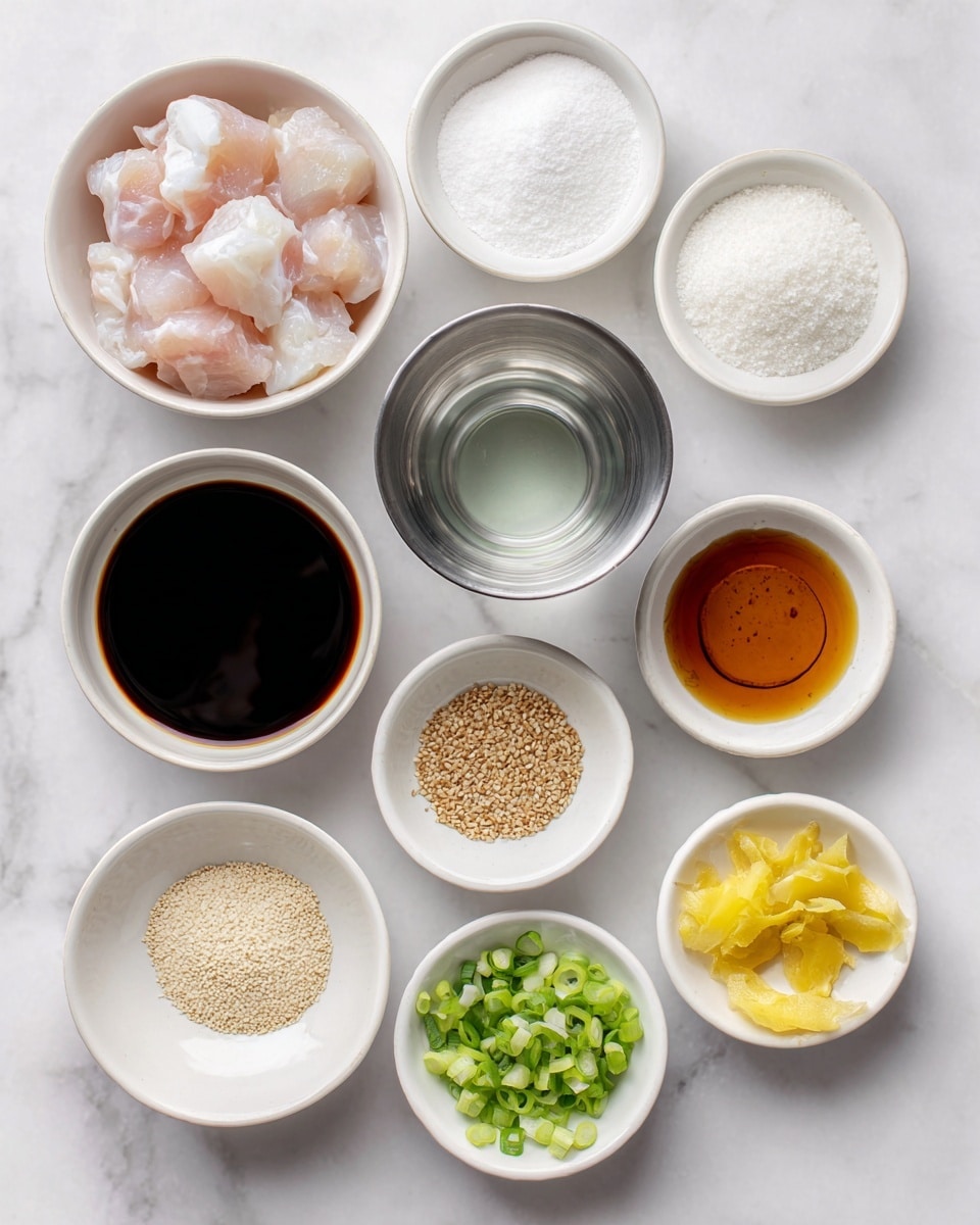 The image shows nine small white bowls arranged in a grid on a white marbled surface. The top left bowl holds raw fish fillet pieces, pale pink with white accents, and has a soft, moist texture. To its right, a small bowl filled with white cornstarch powder has a smooth, powdery look. Next to that, a bowl contains dark brown soy sauce with a shiny, liquid surface. Below the fish fillet, a metal cup with clear water reflects light with a smooth, glass-like surface. Next to it, a white bowl holds granulated white sugar with a fine, grainy texture. To the right, a metal cup contains rich amber-brown sesame oil with a glossy surface. Below the water, a white bowl has fine white pepper powder, light beige color and a smooth texture. Next to it, a white bowl contains green scallion pieces fresh with a crisp look. Lastly, a white bowl at the bottom right holds thin yellow slices of ginger, fresh and textured. Each ingredient is neatly placed and labeled in black text above or below the bowls. Photo taken with an iphone --ar 4:5 --v 7