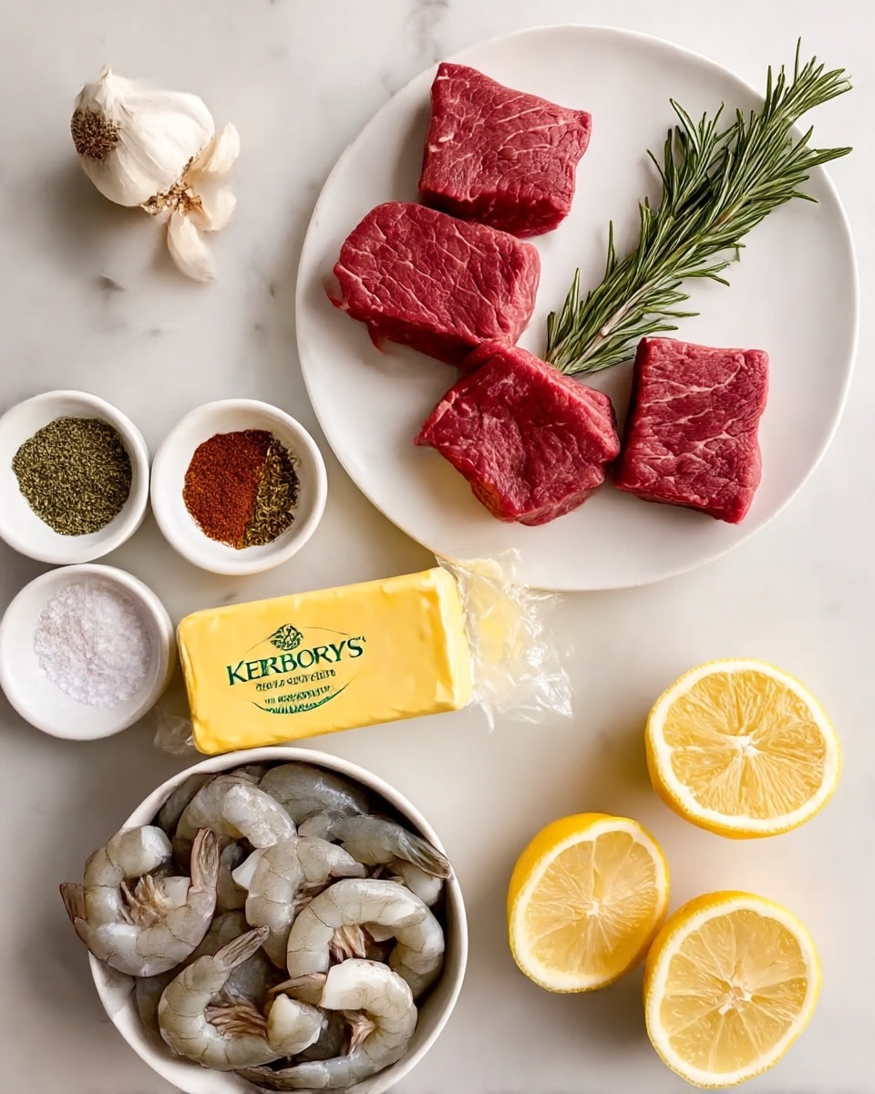 The image shows a top view of several cooking ingredients arranged on a white marbled surface. In the top right, a white plate holds four pieces of raw red meat with a sprig of green rosemary lying across the plate. Below this, there is a stick of Kerrygold butter with clear yellow wrapping. To the right of the butter, two lemon halves with bright yellow skin and juicy interiors are placed side by side. At the bottom left, a white bowl contains many raw shrimp with pale gray shells and curled bodies. Above the shrimp bowl, three small white bowls each hold different spices: one with red and brown powders, another with green herbs, and the last with white coarse salt. To the left and above the spice bowls, a garlic bulb with several separated cloves rests on the surface. A woman's hand is not visible in this image. photo taken with an iphone --ar 4:5 --v 7