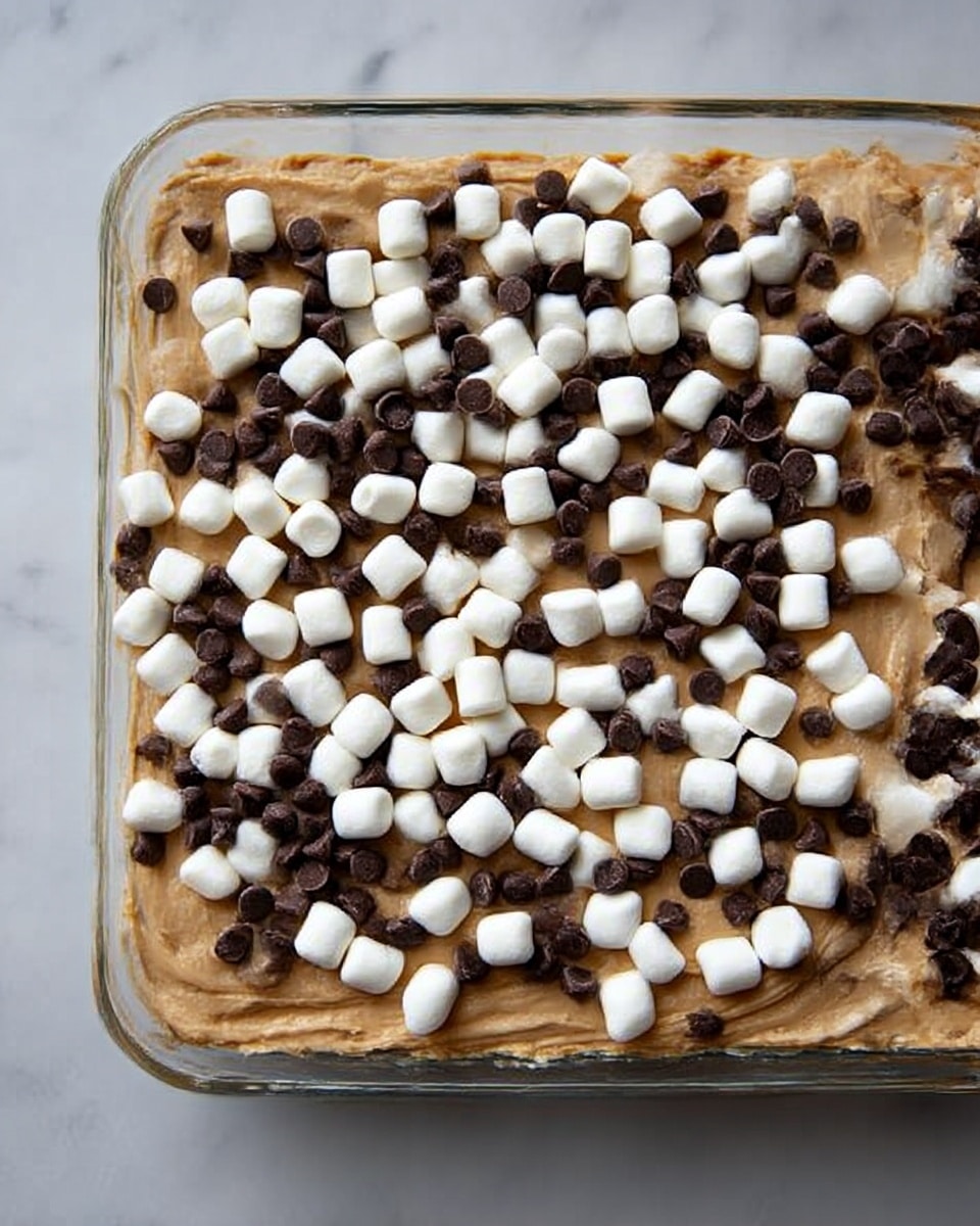 A clear glass baking dish filled with a smooth, light brown base layer that looks soft and creamy, spread evenly across the bottom. On top of this base, there is a scattering of small white marshmallows and dark brown chocolate chips spread evenly, creating a textured and bumpy surface. The dish is placed on a white marbled surface. photo taken with an iphone --ar 4:5 --v 7