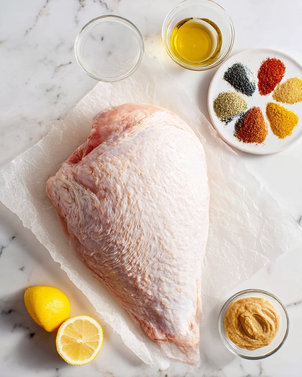 A large raw turkey breast lies flat on a sheet of translucent parchment paper, showing a pale pink color with a layer of white skin covering the top. To the top right, a white round plate holds seven small piles of spices arranged in a neat circle, including red, yellow, green, brown, black, and white colors. Just above the turkey breast is a small clear glass filled with golden-yellow olive oil. To the right of the oil, a small clear bowl contains smooth, light brown mustard. Lemon wedges in bright yellow are placed to the bottom left and bottom right corners. The background and surface are white marbled texture, adding a clean and fresh look. Photo taken with an iphone --ar 4:5 --v 7